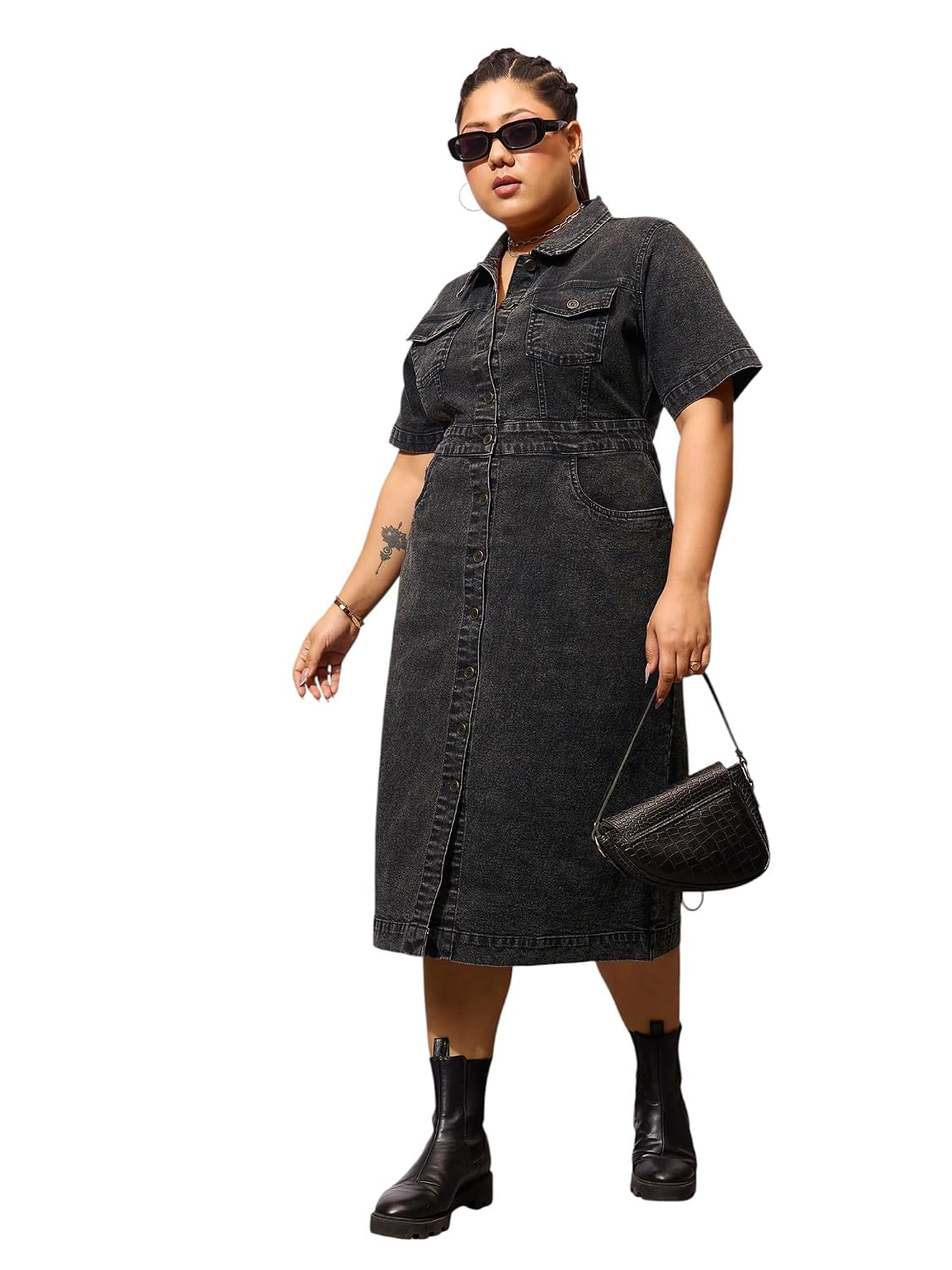 Sassafras Curve Women's Black Denim Acid Wash Front Button Shirt Dress-4XL