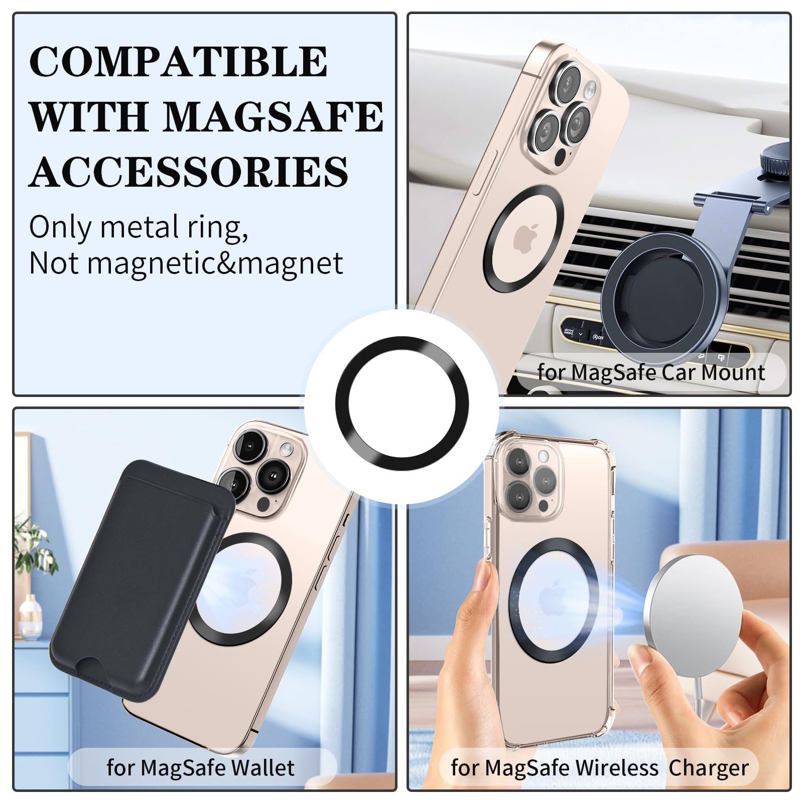 3 Anelli Magnetici In Pelle Metallica Per Ricarica Wireless – Universale Per MagSafe, Adesivo Per Custodia Standard, Ultra Sottile (Nero/Rosa/Blu) - 2