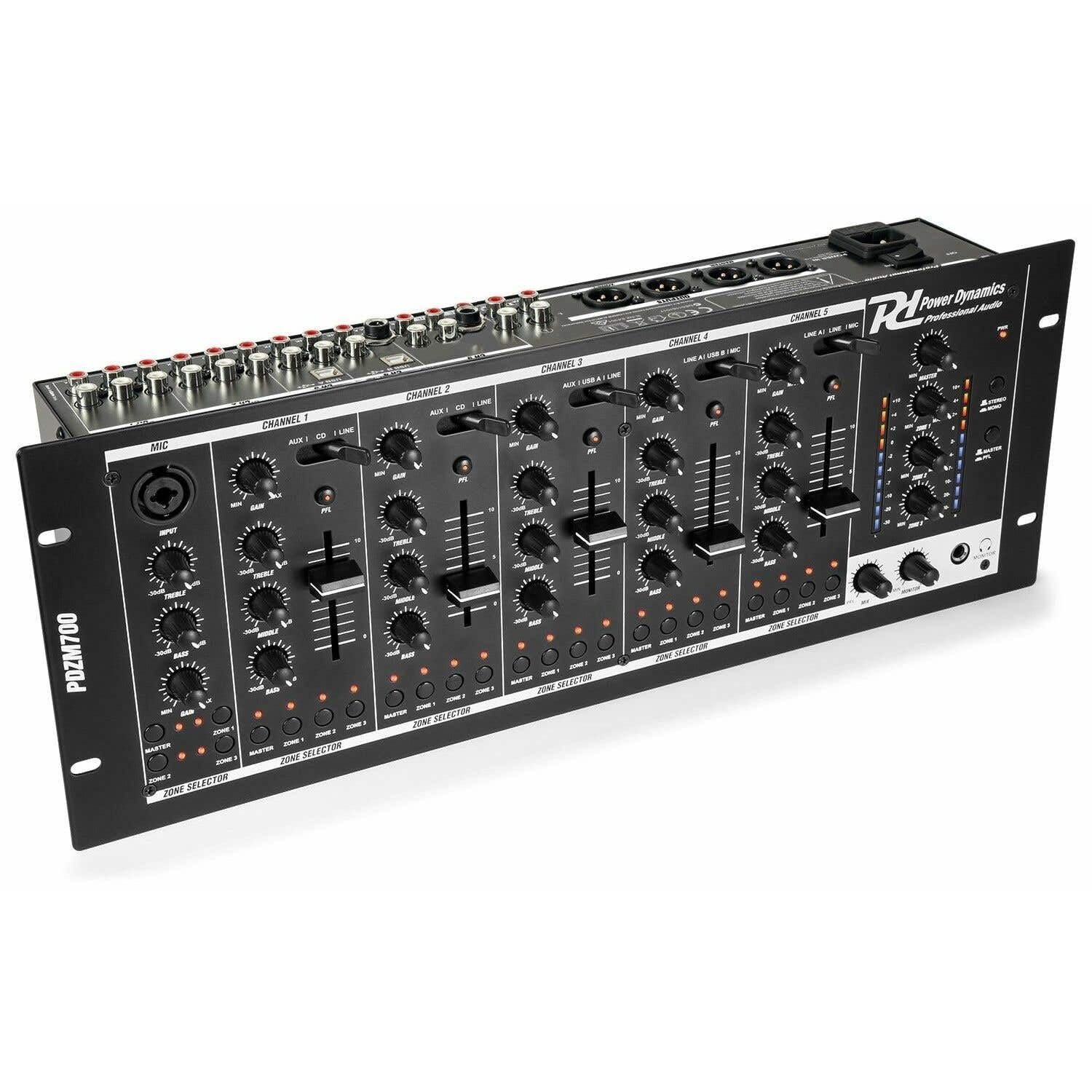 Power Dynamics PDZM700 Mixer a 6 canali, 2 connessioni USB di tipo B per computer, equalizzatore grafico a 3 bande su ogni canale, canale specifico per microfono, progettato per montaggio su rack
