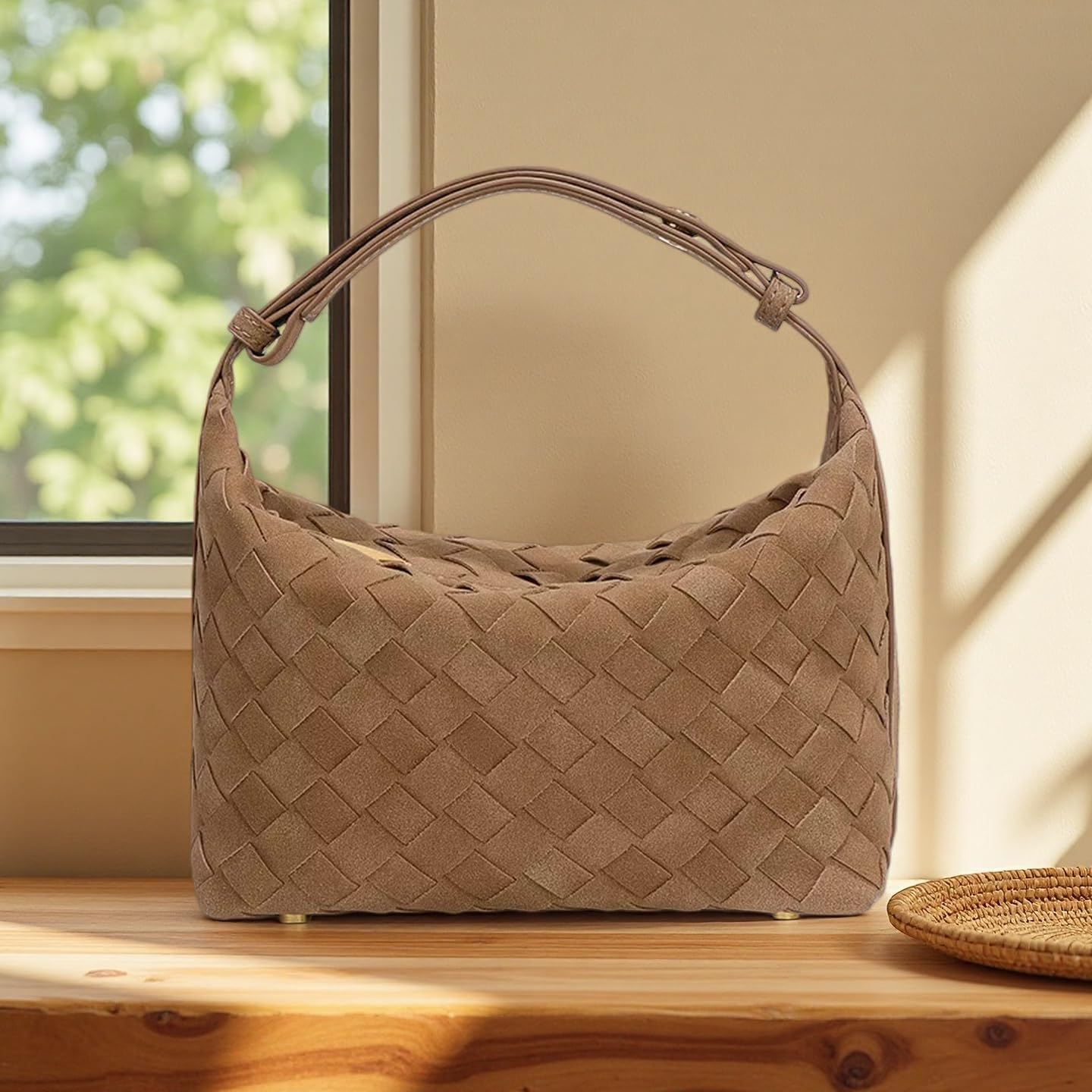 Luxurious Suede Slouch Hobo Bag for Women Woven Leather Shoulder Bags Top-Handle Purses - Image 3