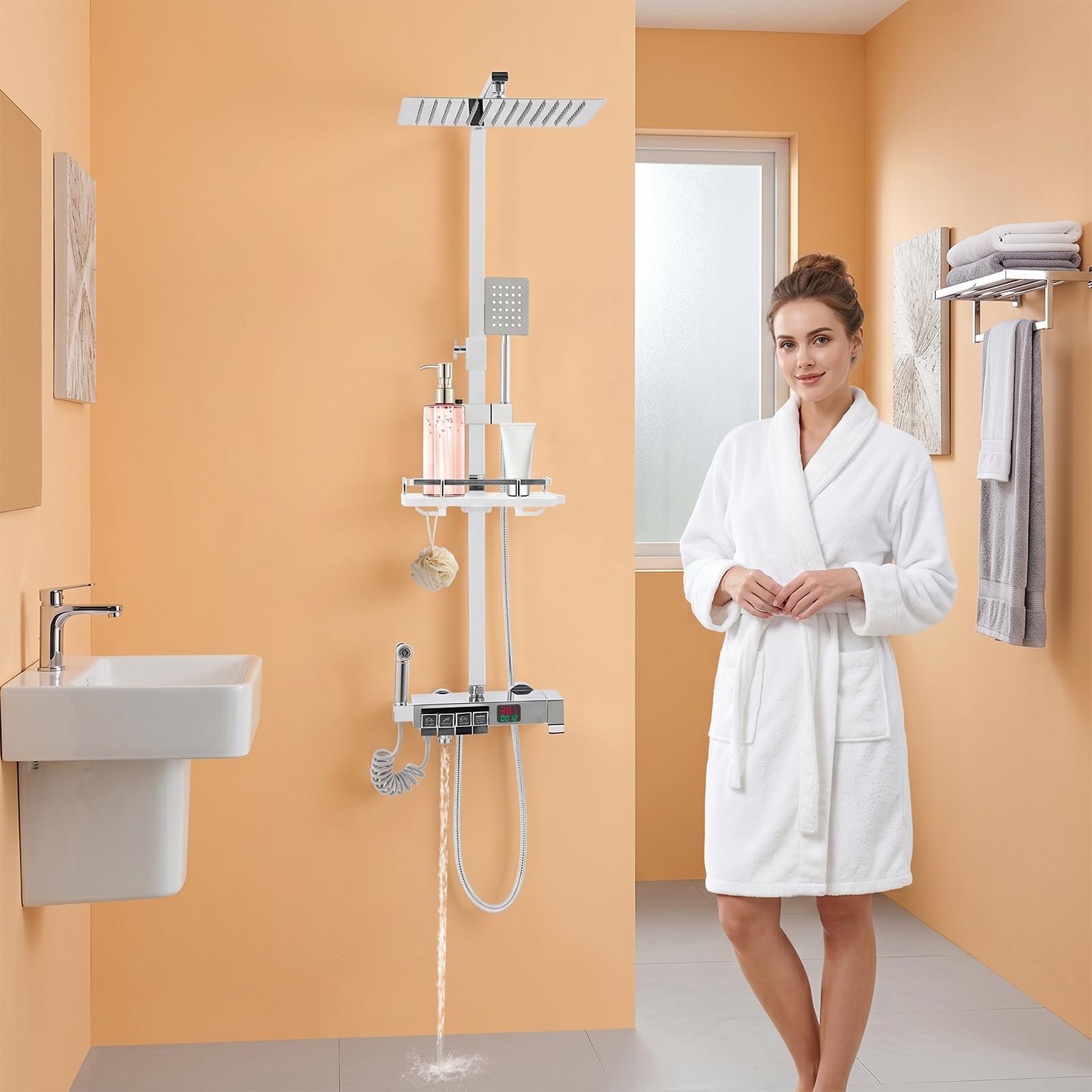 Sistema doccia a 4 uscite, indicatore della temperatura, doccetta a pioggia | Indicatore autoalimentante, termostato con blocco di sicurezza, modalità doccia versatili, soffione a pioggia regolabile in