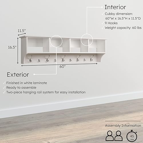 Miniatura 3 de Prepac Perchero contemporáneo para montar en la pared de 60 pulgadas, ganchos para colgar abrigos de pared con 4 estantes, ideal para solución