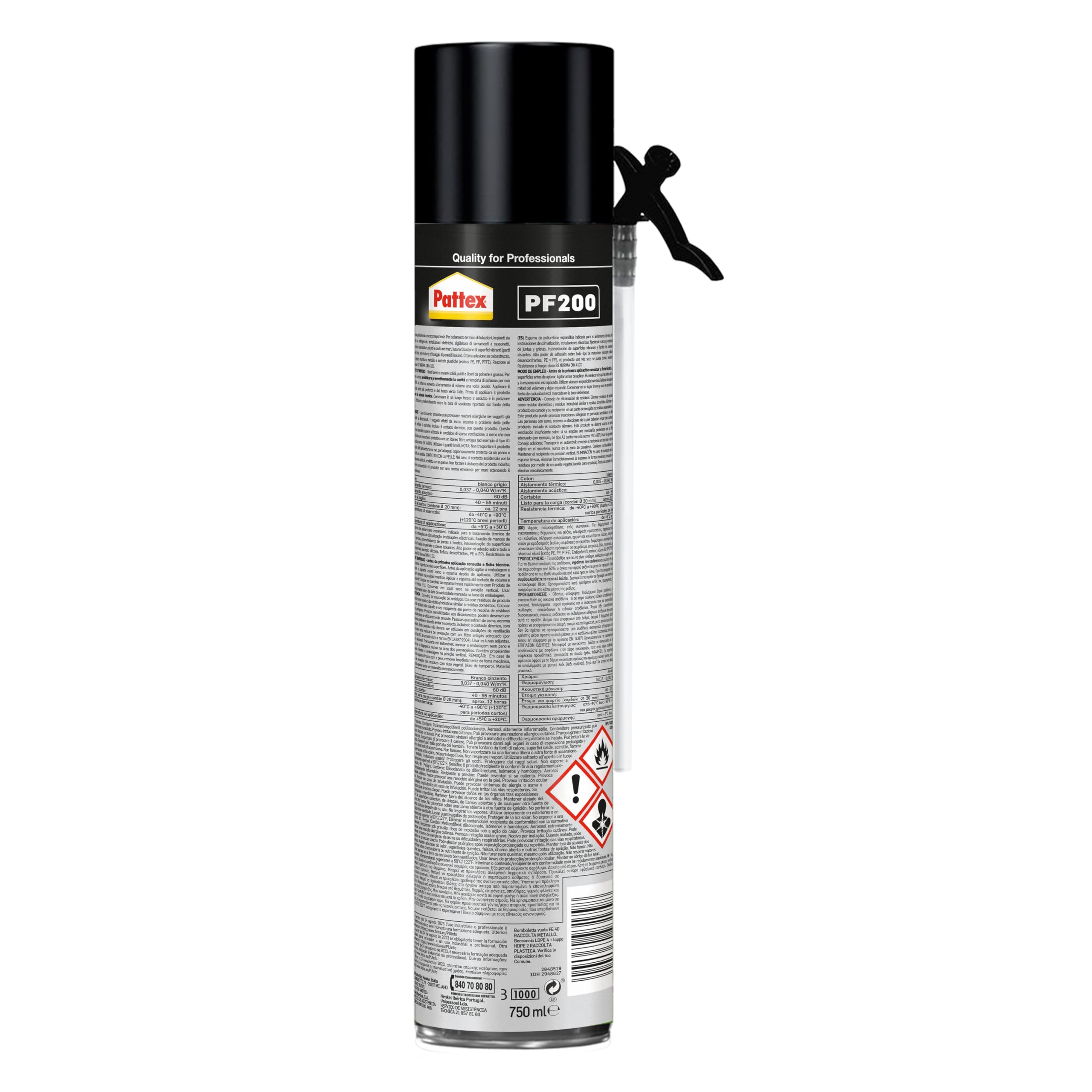 Pattex PU-Schaum Universal PF 200, feuerfest für Füllungen, Isolierungen, Schalldämmungen und Versiegelungen in Fensterrahmen, Heizungsanlagen, Kühlung, 750 ml
