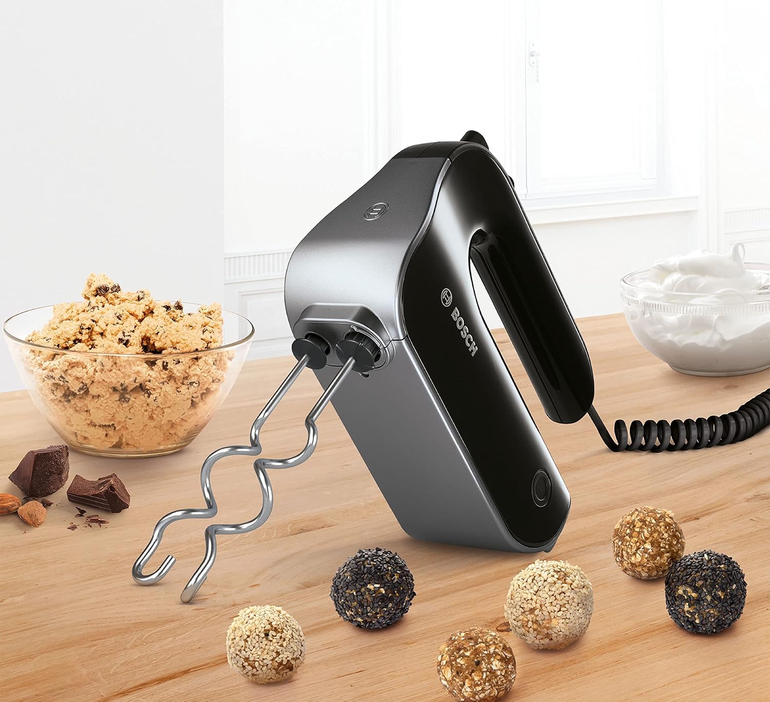 Bosch Handrührer Home Professional Styline MFQ4980B, 5 Stufen, 2 Edelstahl Rührbesen- und Knethaken, Mixstab Edelstahl, Universalzerkleinerer, 850 W, schwarz/dark silver