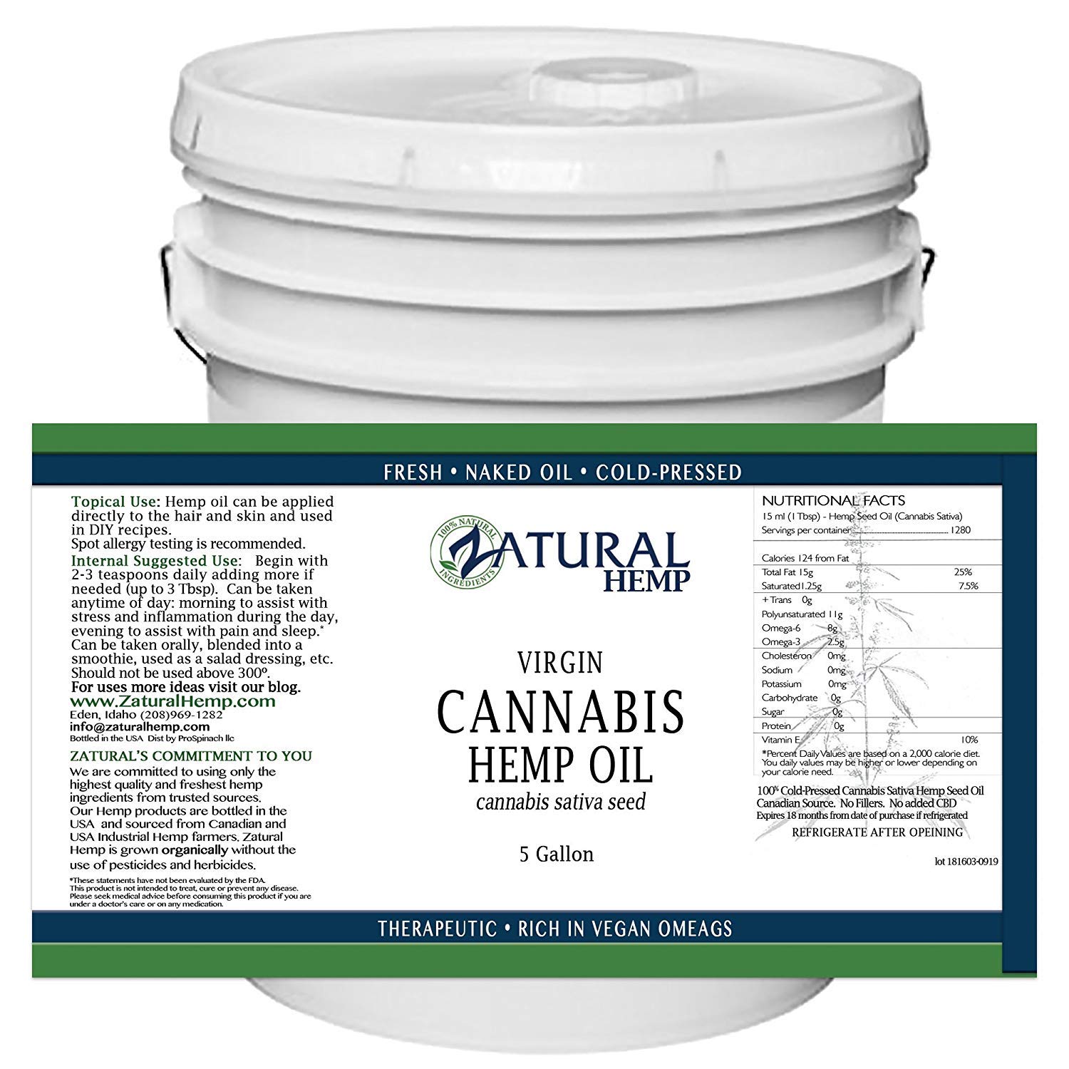 Zatural Hemp Oil (5 Gallon Bulk) 100% Pure Cold Pressed High Vegan Omegas 3 & 6 No Fillers or Additives Therapeutic Grade (5 Gallon)