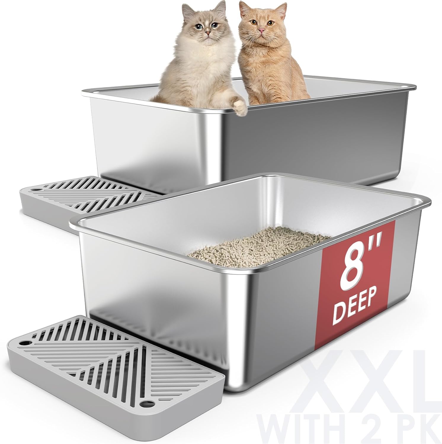 2 Pack 23.6"x 15.7"x 8" Extra Deep & Large Stainless Steel Litter Box for Big Cats, Non-Stick Odorless Metal Litter Box, XL Stainless Steel Pan with Footboard, Cat Litter Box Litter Tray