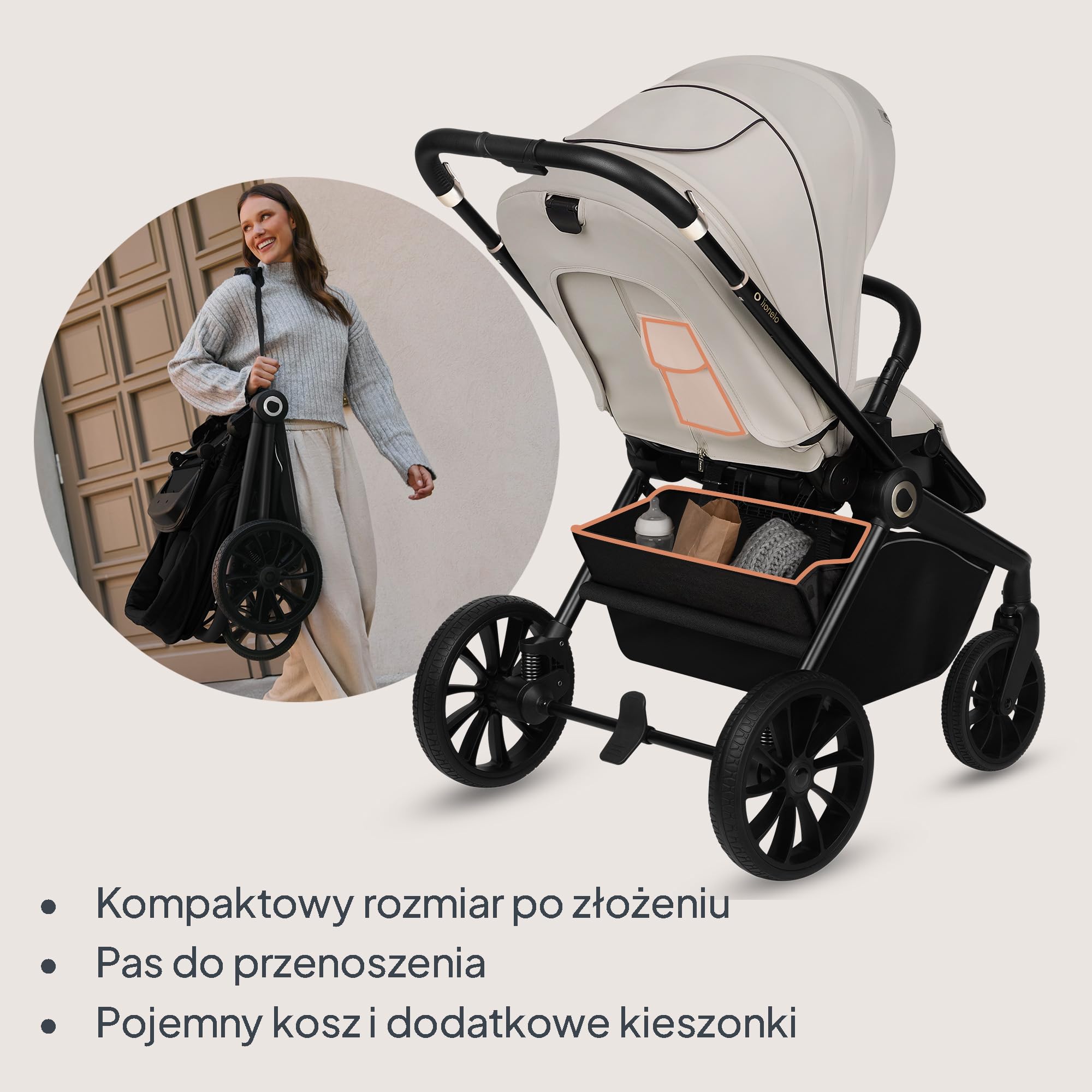 LIONELO MIKA PLUS 3 w 1 Wózek Spacerowy Dziecięcy 0-48 miesięcy do 22 kg Gondola do 9 kg Fotelik Samochodowy Nosidło do 13 kg, Regulacja Oparcia, Amortyzacja, Koła 360° Budka XXL (Beżowy) | Od 0 do 48 miesięcy, do 22 kg, gondola do zawieszenia, kółka 360°