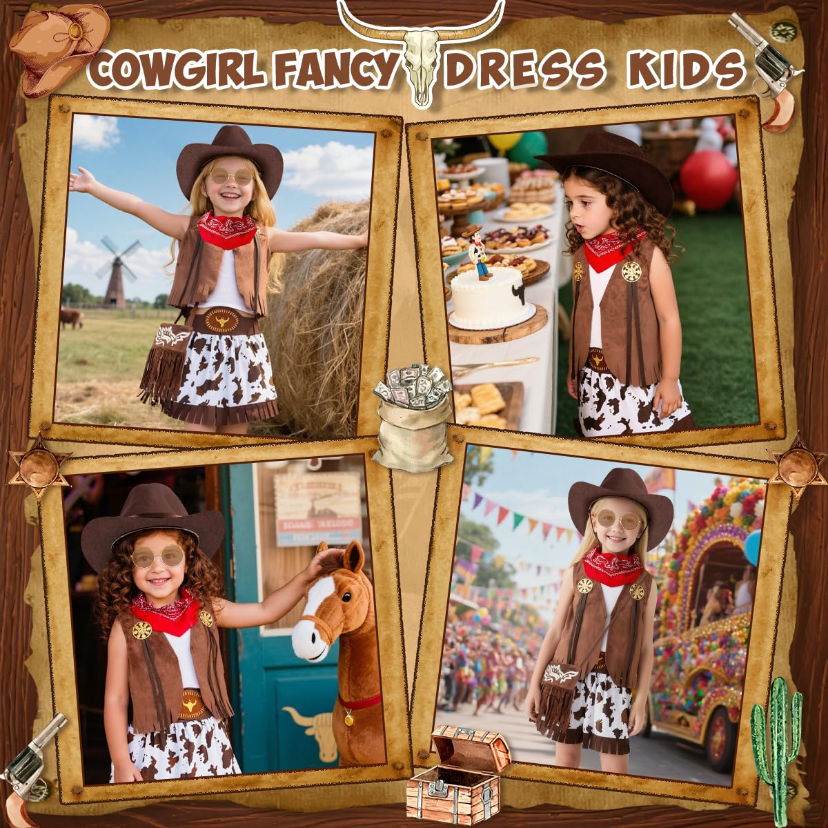 Deguisement Cowgirl Enfant Fille, Robe Western pour Fille avec Bandana, Chapeau Cowboy, Cowgirl Costume pour Halloween Carnival Cosplay Party, Deguisement Fille 5-10 Ans