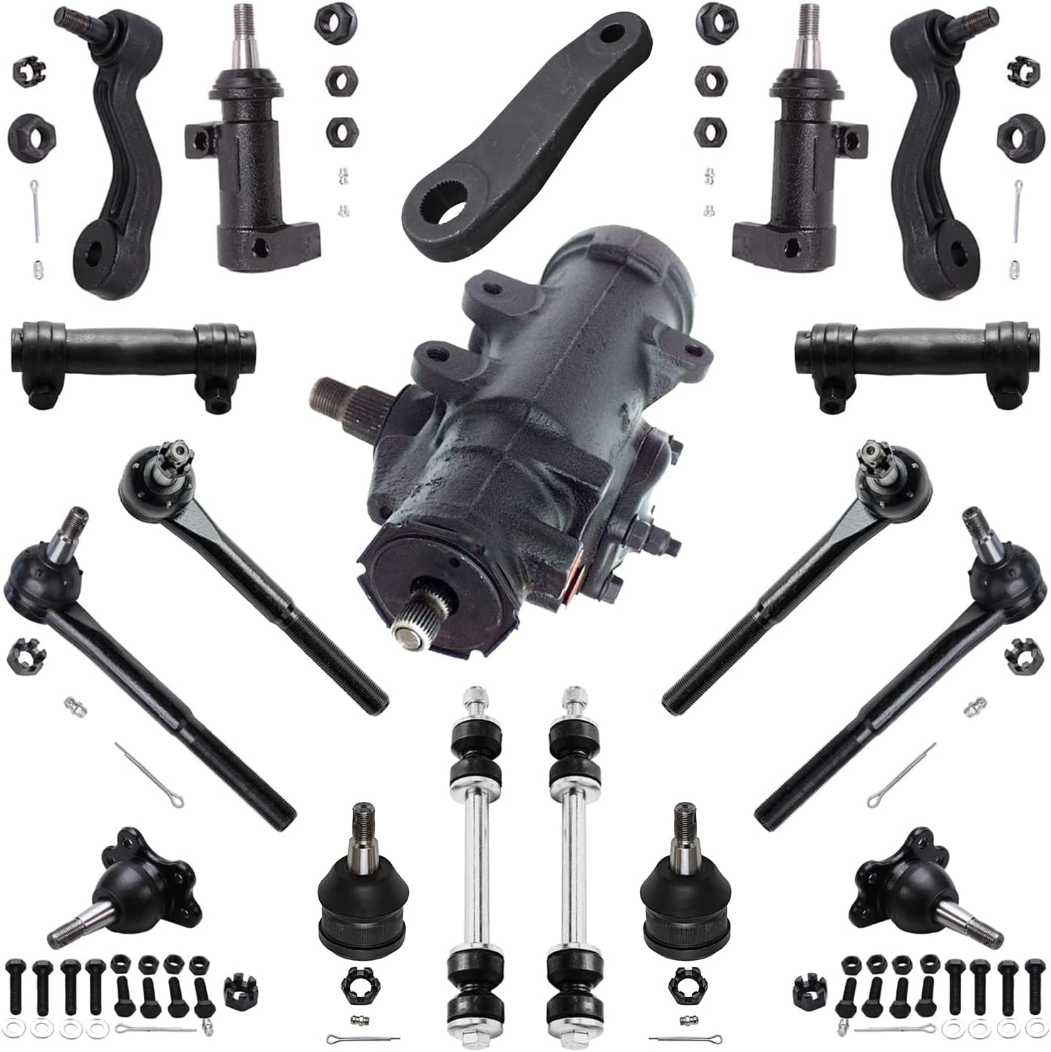 Detroit Axle - Front 18pc Gear Box Kit for 1996-2002 Chevy Express GMC Savana 1500 2500, Power Steering Gear Box Sway Bars Tie Rods Ball Joints Pitman Idler Arms Bracket Adjusting Sleeves Replacement