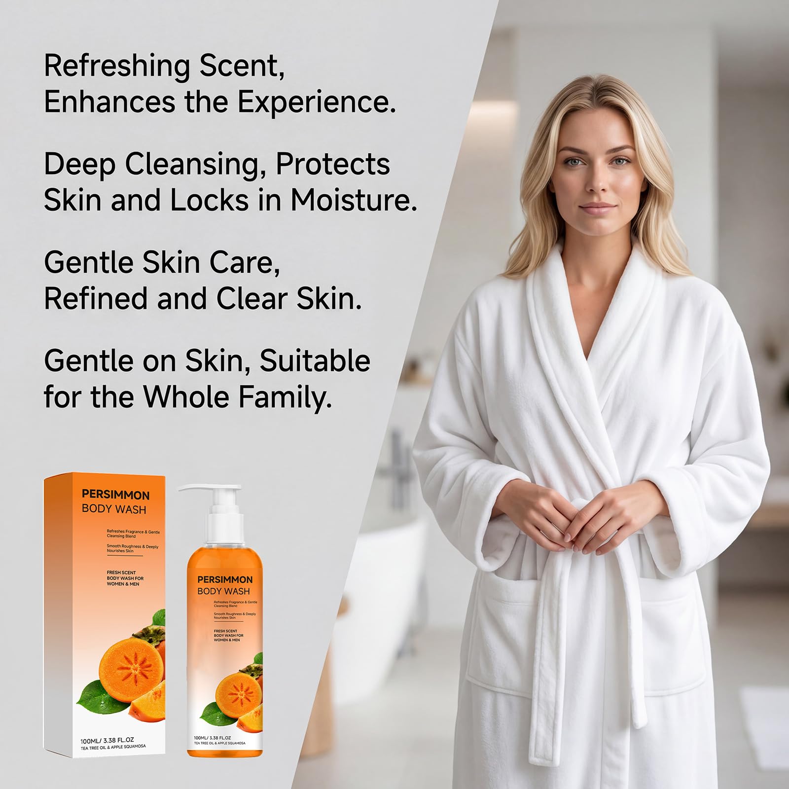 Bagnoschiuma al cachi per il controllo degli odori, bagnoschiuma idratante per odori corporei persistenti, gel doccia detergente profondo per pelli sensibili – ideale da viaggio. (6pcs)