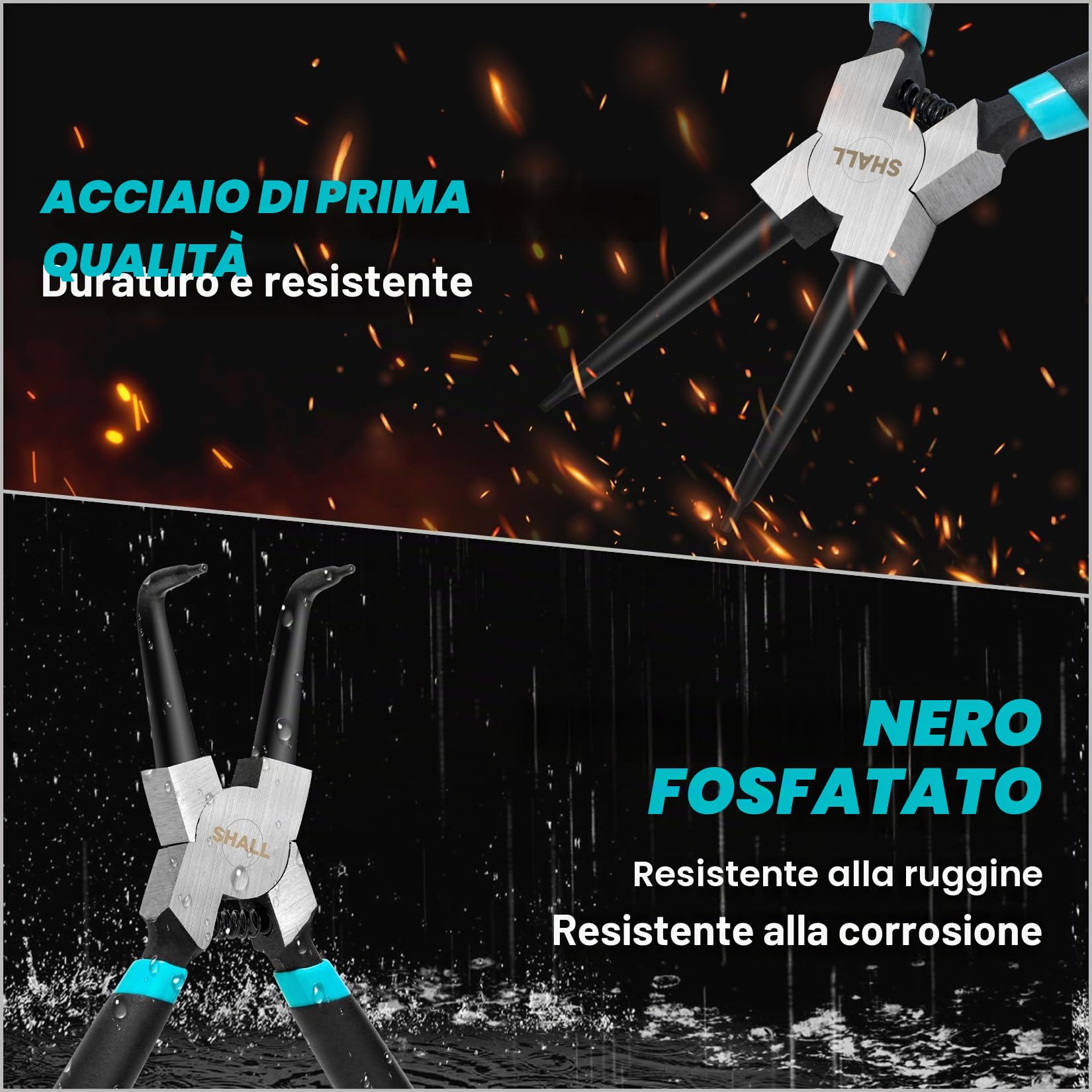 SHALL Pinze per anelli elastici, 4 pezzi da 7 pollici - Pinze per anelli elastici interni ed esterni dritti/piegati (punte a 90°), manici antiscivolo