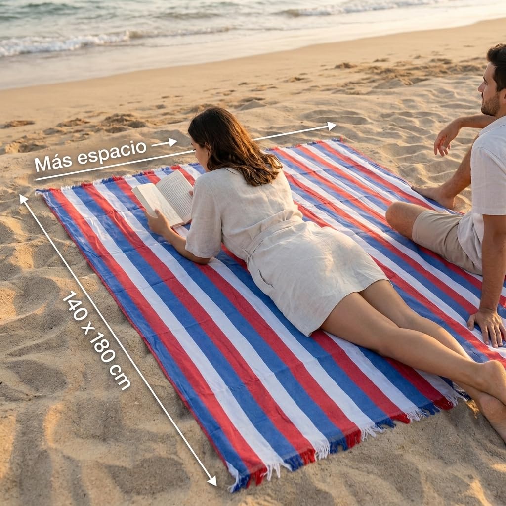 Pincho Lot de 2 grandes serviettes de plage avec pinces pour sable avec 4 pièces, anti-sable et séchage rapide XL 140 x 180 cm, rayures multicolores pour piscine et camping, avec franges