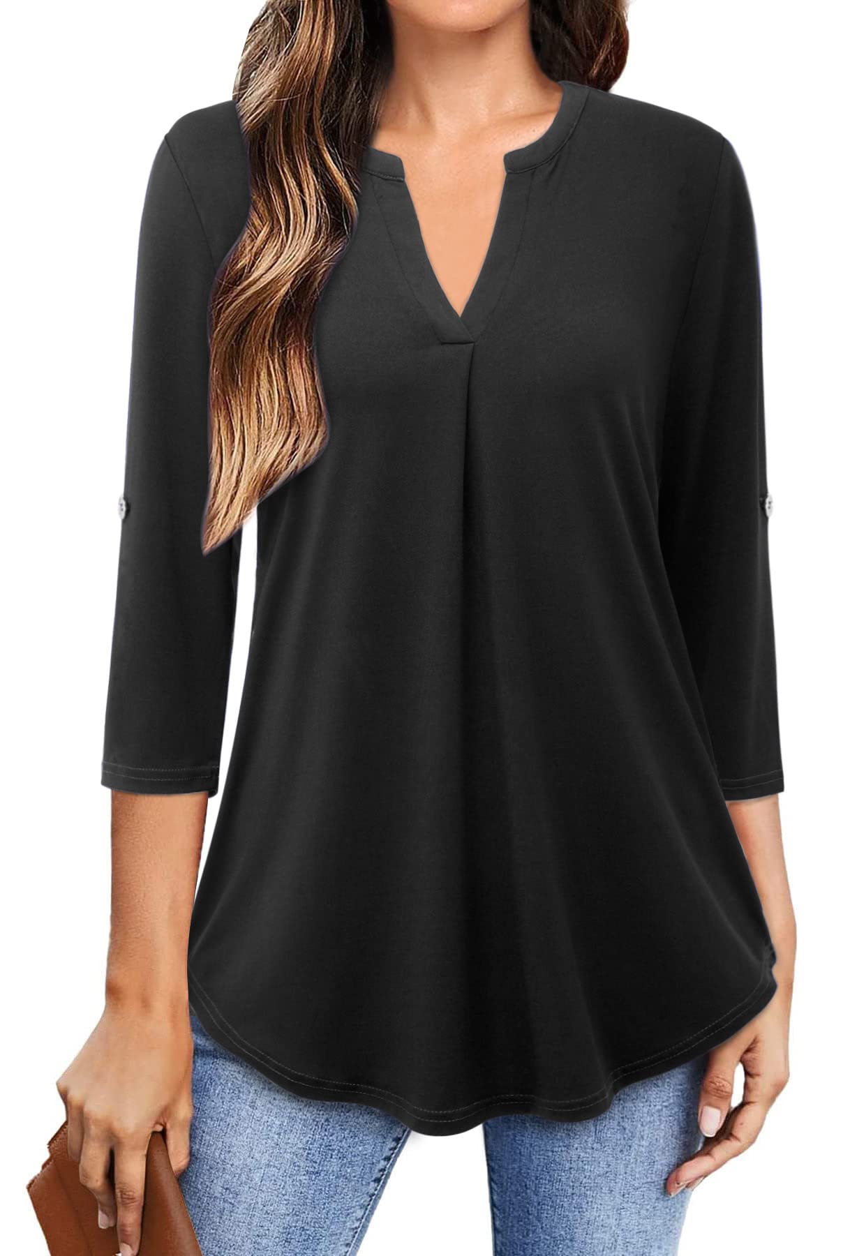 Bulotus 3/4 Length Sleeve Womens Tops Dressy Casual V Neck Collared Blouses Work Office Tunics 2026 Spring Summer
