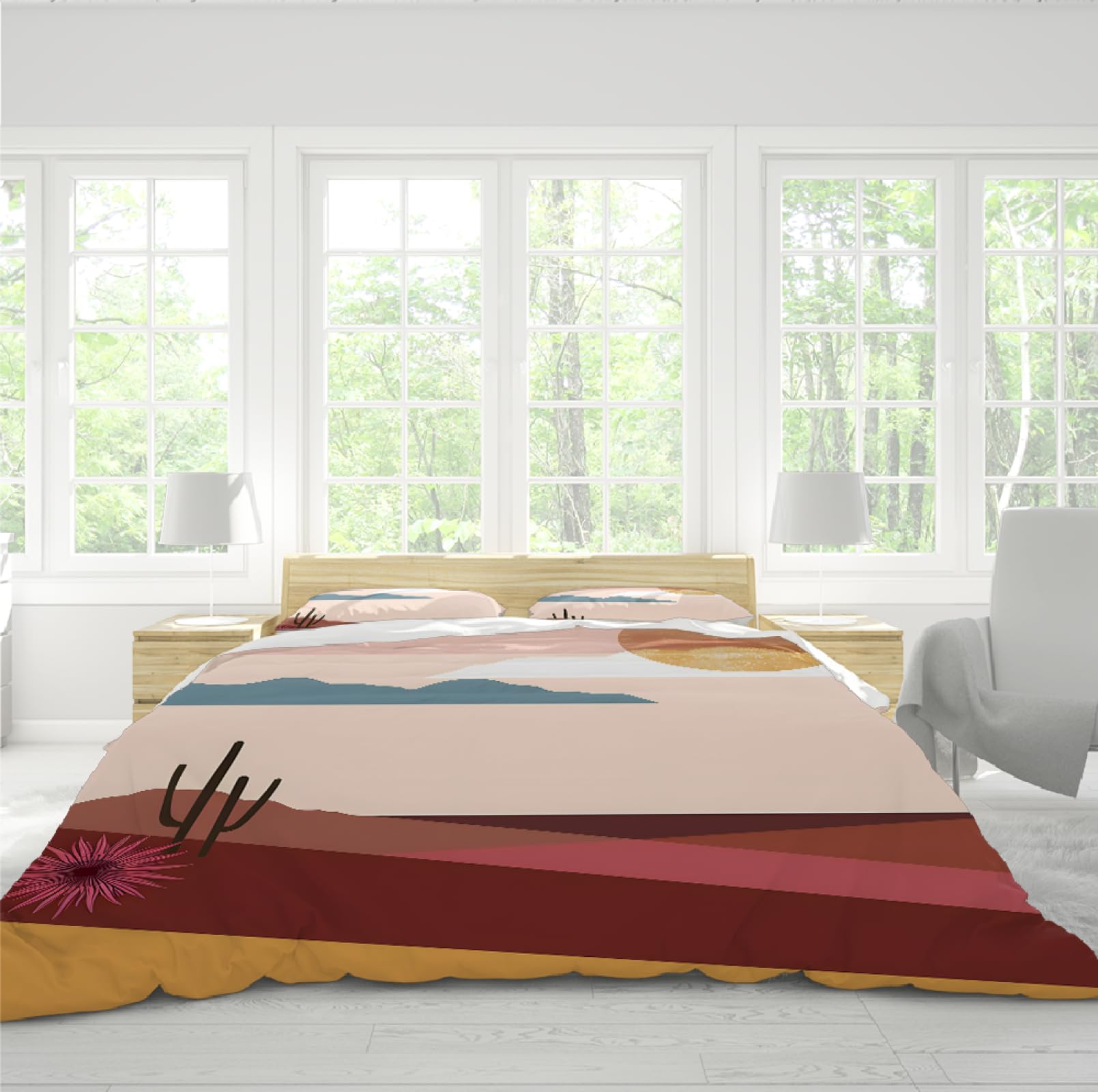 Tropikalne Rośliny Boho Mountain Line Poszwy na kołdry Kaktus Zestawy pościeli Rośliny Pustynne z zamkiem błyskawicznym i 2 poszewkami na poduszki 220x240cm