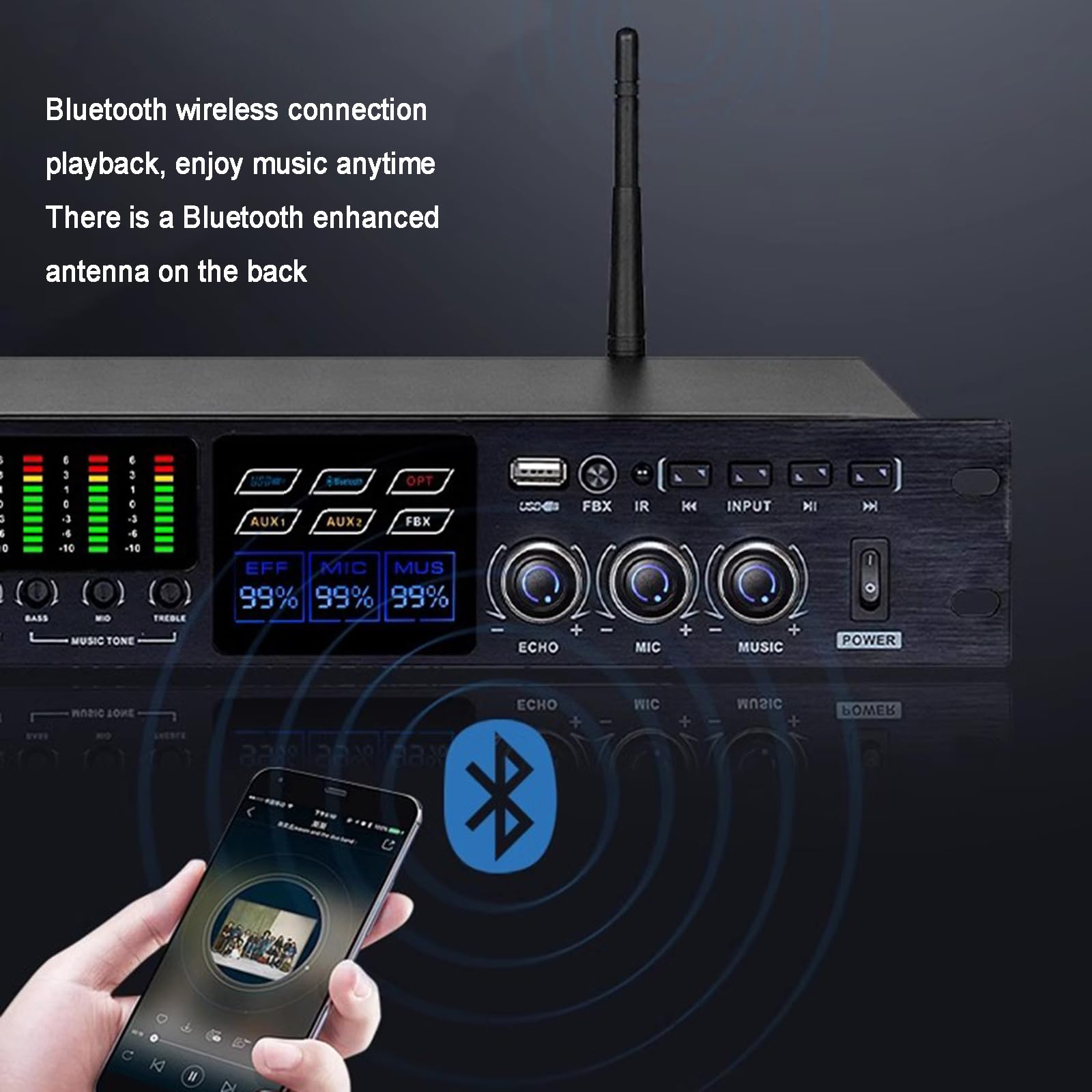Efector Digital De Preamplificador KTV, Procesador De Audio Anti-silbidos, con Pantalla De Espectro, Control Remoto, Compatible con Reproducción USB, MP3 Y Bluetooth