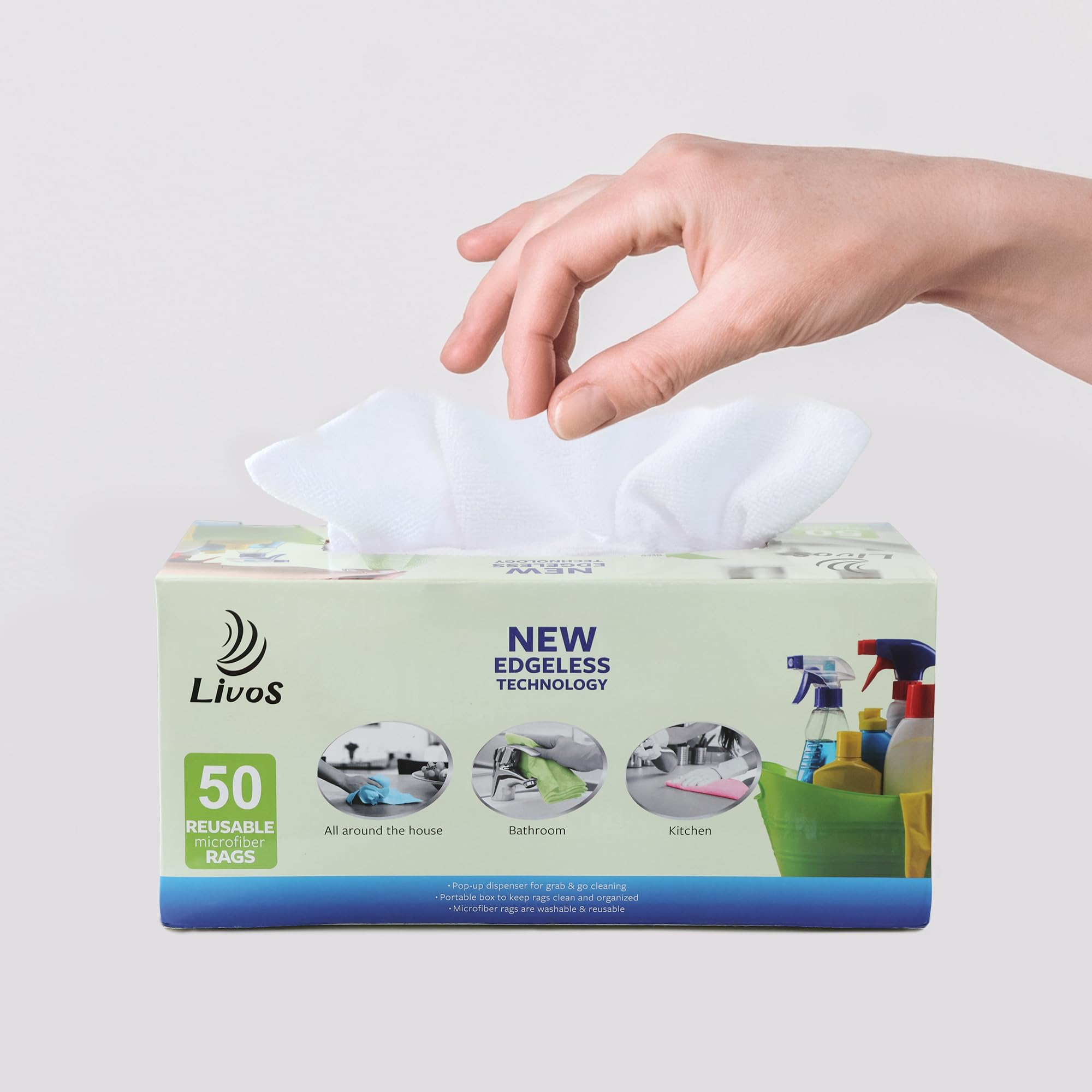 LIVOS Paquete de 50 paños de limpieza de microfibra en caja, trapos de limpieza reutilizables, 11.5 x 11.5 pulgadas, toallitas de microfibra sin bordes, sin pelusas, toallas absorbentes para cocina,