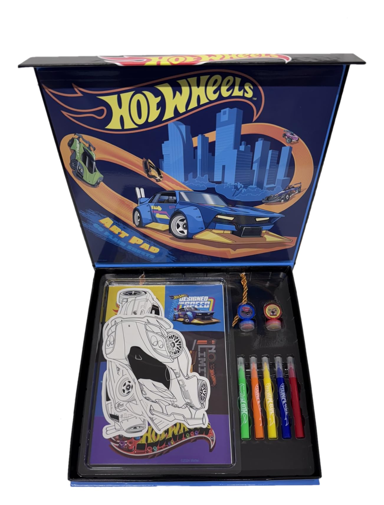 Anila's Hot Wheels Artcase Set – Colouring Case with 6 Cut-Out Vehicles, 5 Mini Markers, 2 Stampers, 60-Sheet Art Pad & Stickers – Creative Activity Kit for Kids Ages 4+