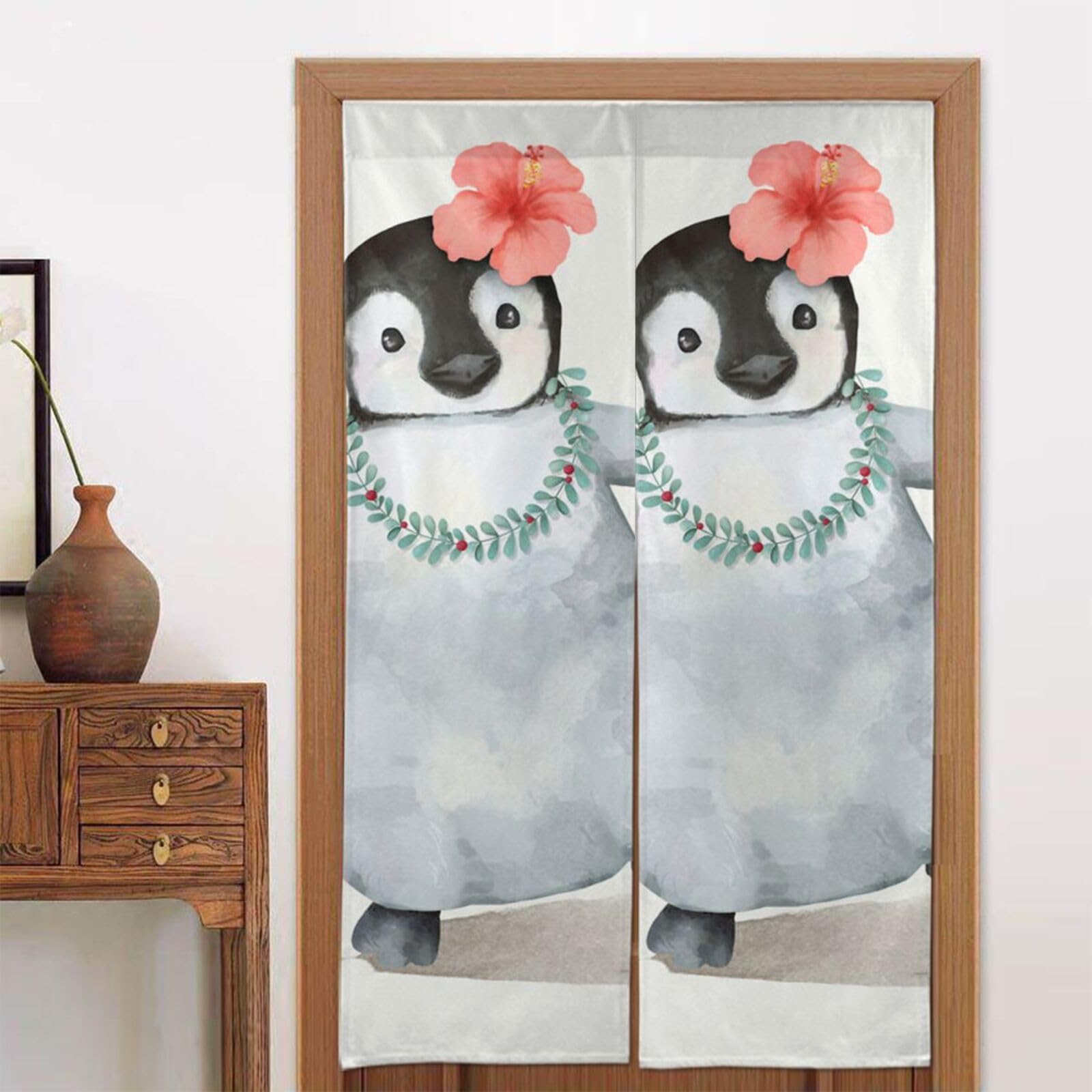 Rideau de porte imprimé pingouin noren aux finitions soignées 142cm