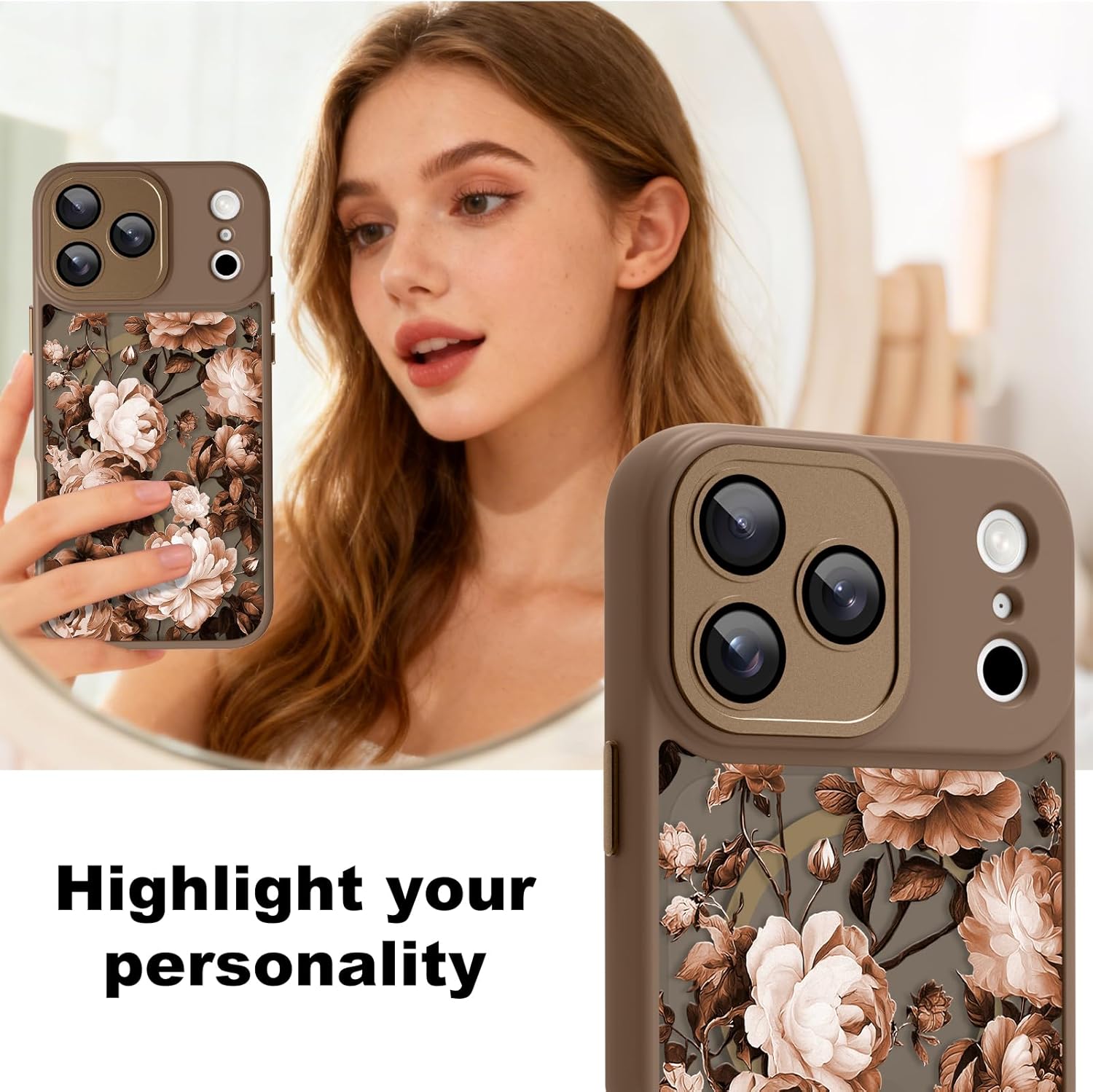 Magnetic for iPhone 17 Pro Max Case, Compatible with Magsafe, Pretty Rose Peony Floral Pattern for Women Girls, Full Camera Protection, Translucent Matte Phone Cover, Brown