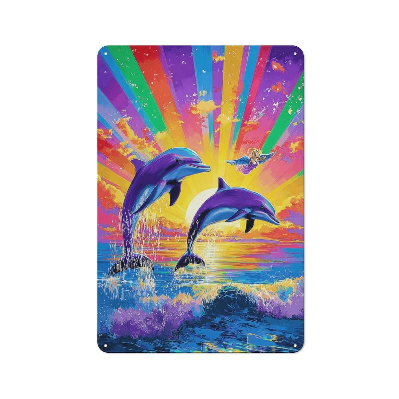 Junmoney Dolphins Leaping In Rainbow Sunset Rustic Metal Wall Sign 30X20cm For Studio Or Craft Room, For Vintage Wall Decor Fans, For Themed Room Decoration