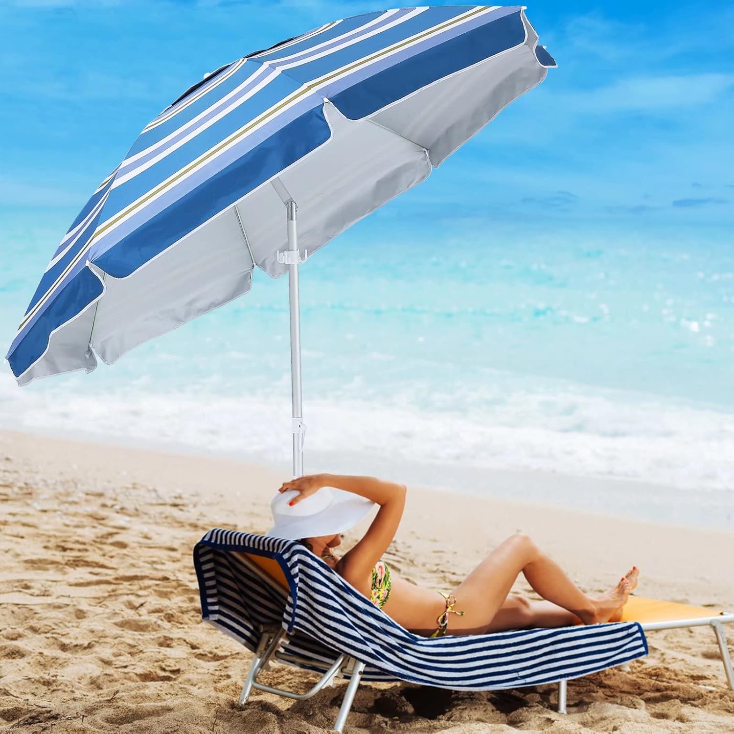 ABCCANOPY Beach Umbrella UV 50  Protection Outdoor Sunshade Umbrella with Sand Anchor, Tilt, Hanging Hook, Carry Bag, for Sand Outdoor Beach Trip