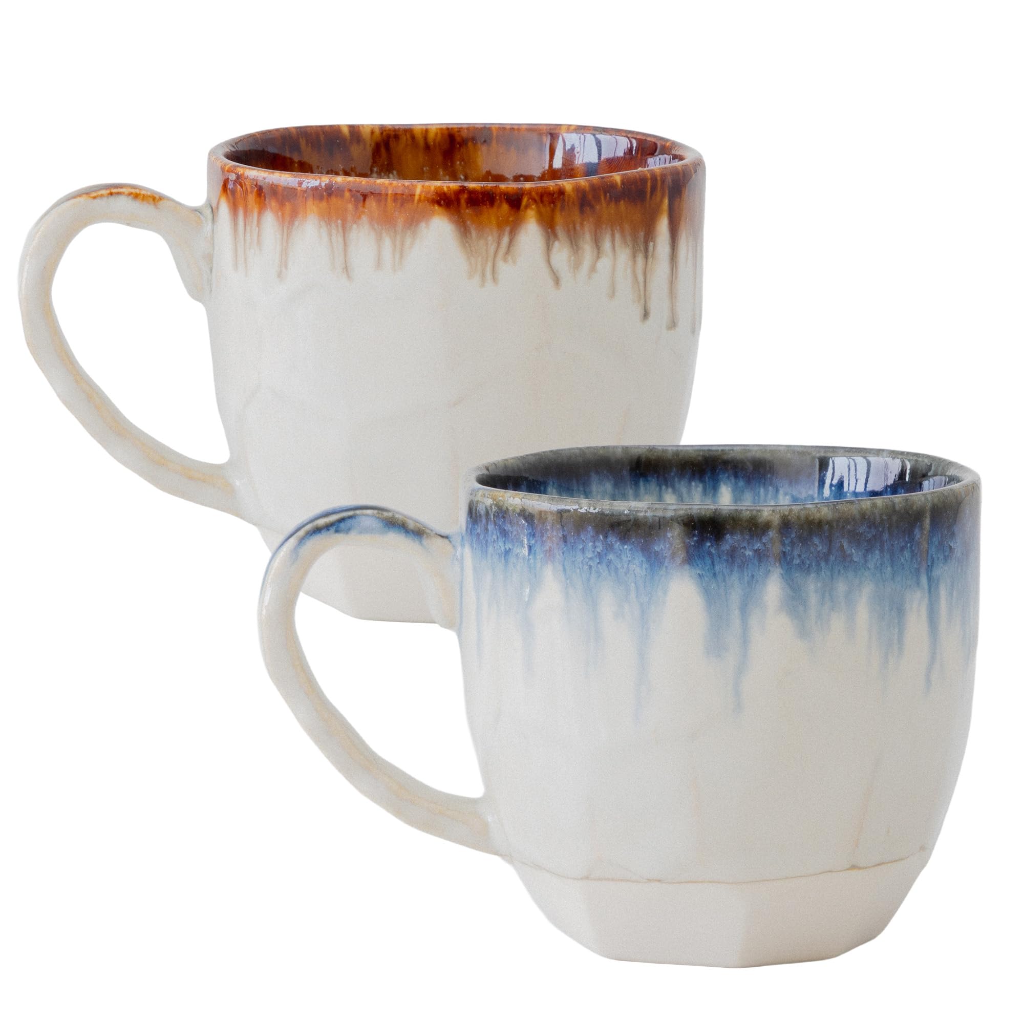 Asayu Japan Set de Tazas de Cerámica Drip Azul y Marrón - Tazas Japonesas Hechas a Mano con Efecto de Esmalte en el Borde (Set de 2)