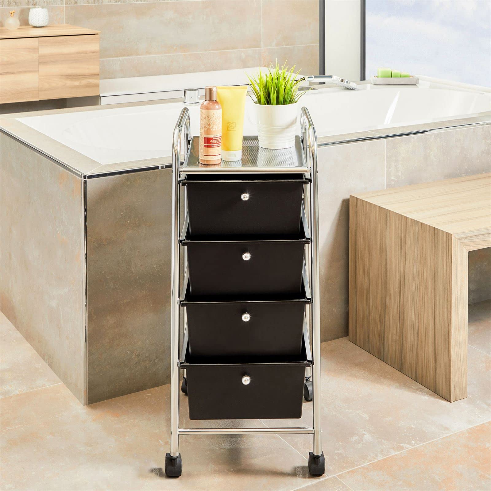IDIMEX Badregal Rollwagen Rollcontainer GINA, mit 4 schwarzen Schubladen und Metallgestell in Chrom
