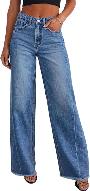 Sidefeel Women's Wide Leg Jeans High Waisted Strechy Raw Hem Zimbaplatinum Denim Pants