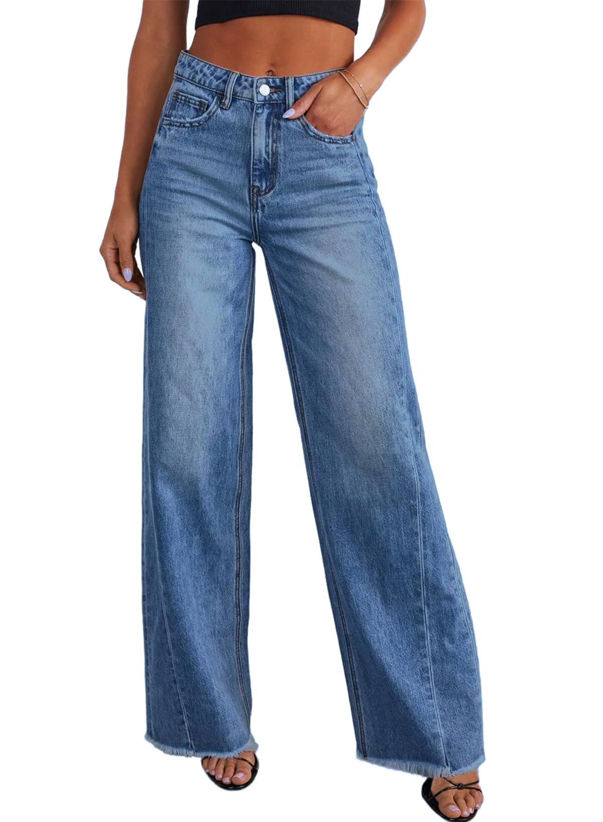 SidefeelWomen's Wide Leg Jeans High Waisted Strechy Raw Hem Zimbaplatinum Denim Pants