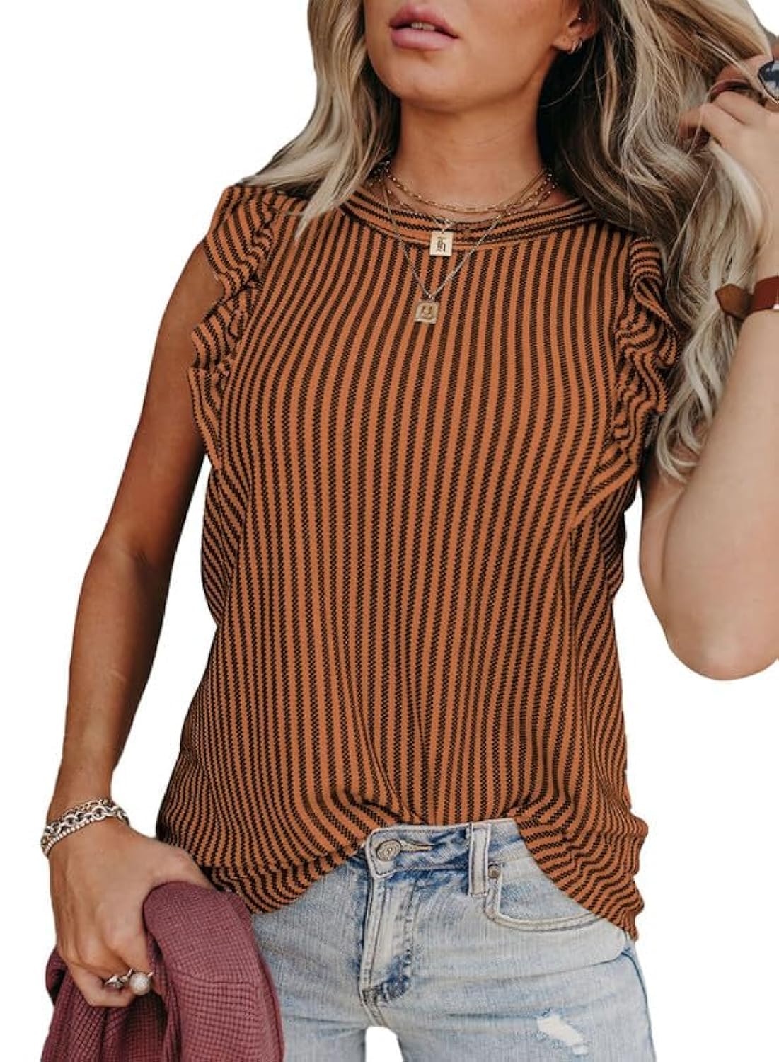 SHEWIN Summer Tops Crewneck Tank Tops for Women 2025 Casual Ruffle Sleeveless Tops Shirts
