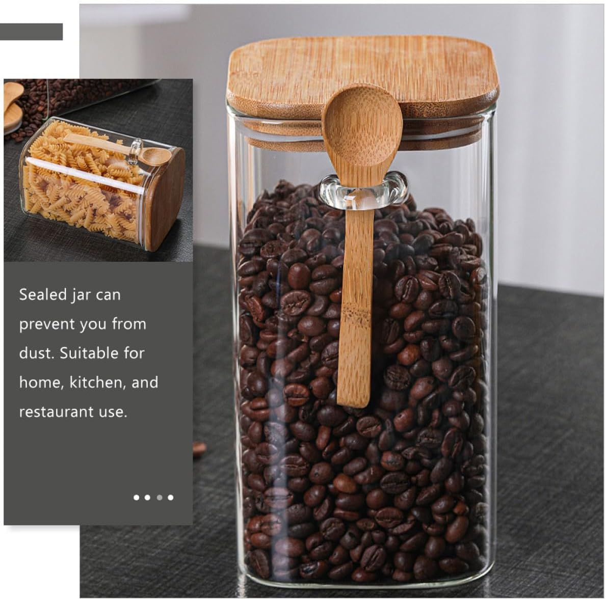 2pcs Glass Kitchen Canisters Set with Wooden Spoons, Airtight Square Food Storage Jars 1000ml and 1200ml for Coffee Beans, Cereals, and Snacks