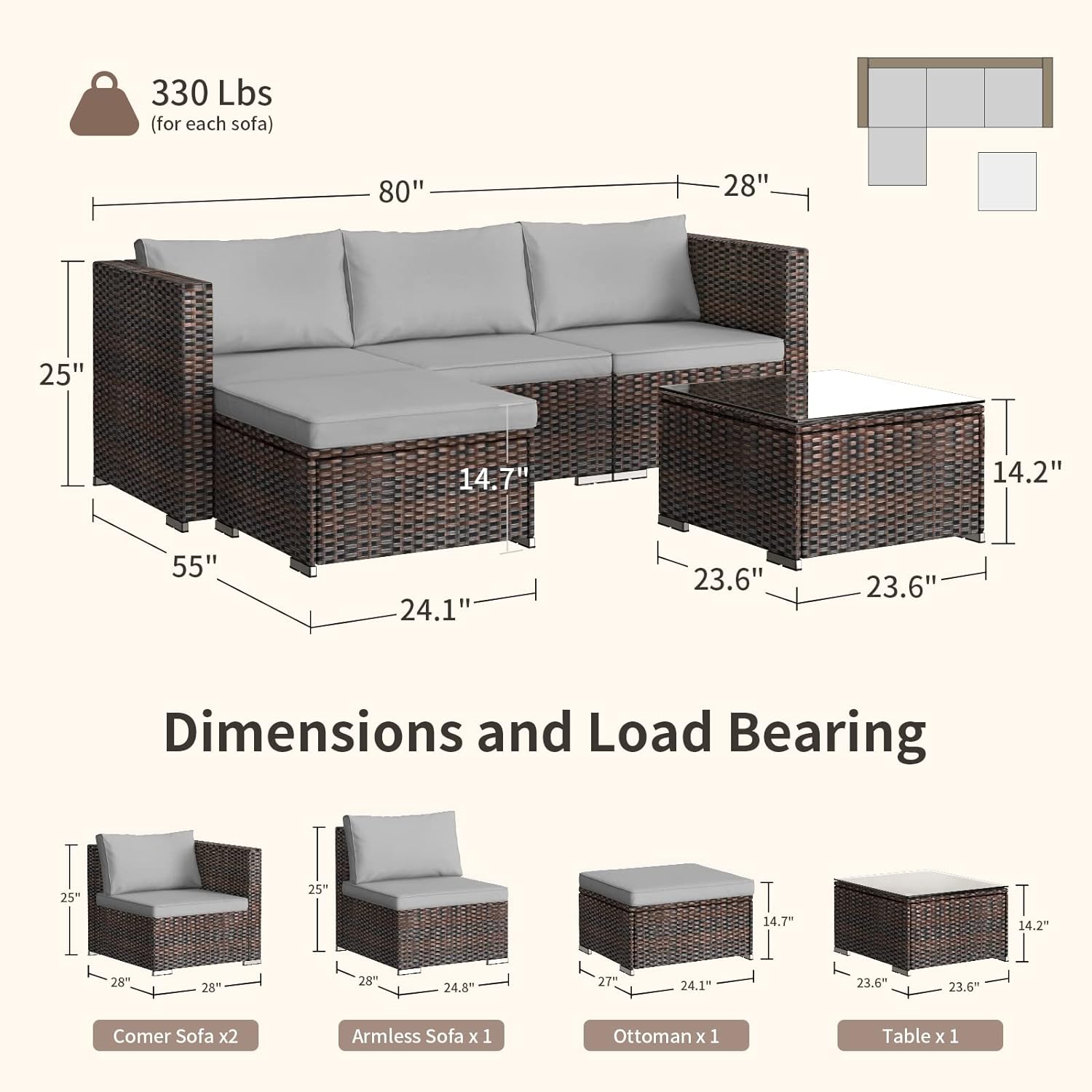 Outdoor Patio Sofa Set PE Wicker Rattan Sectional Conversation Sofa with a Glass Coffee Table for Backyard Porch Poolside Patio(Brown Rattan, Grey Cushion)