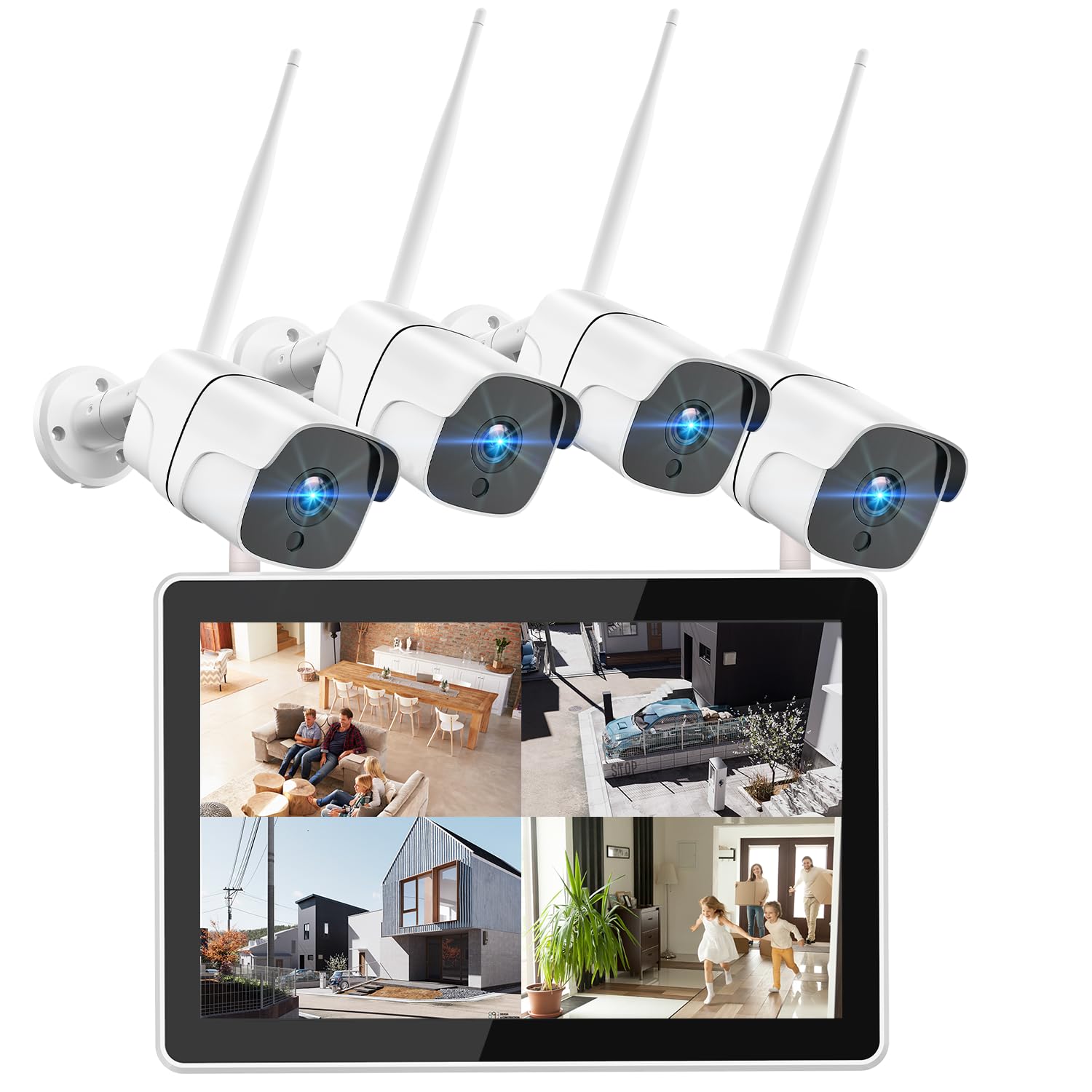 Wireless Security Camera System with 12" Monitor &amp;500GB HDD, 8CH NVR Security Camera System Wireless Outdoor with 4pcs WiFi Cameras, Night Vision 24/7 Recording (500GB HDD+4cam+12" Monitor)