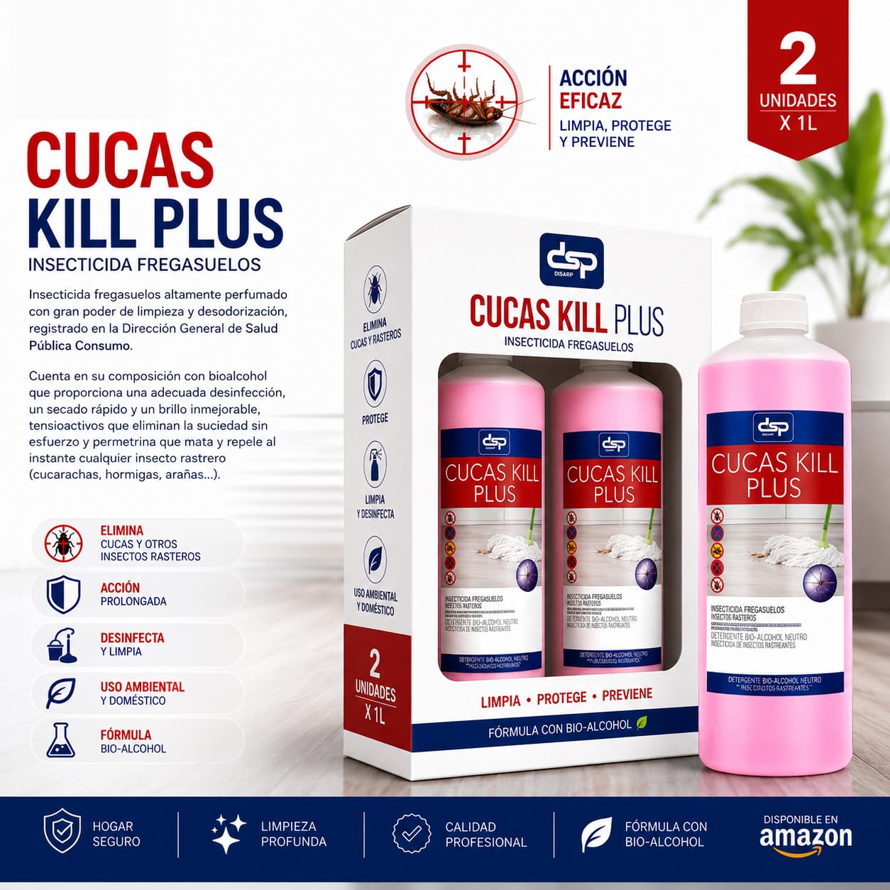 PACK DE 2 UNIDADES CUCAS KILL PLUS Insecticida Fregasuelos, Elimina Hormigas, Cucarachas y Arañas, Efecto Preventivo 15 Días, Aroma Neutro
