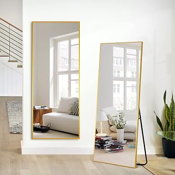 PexFix Gold Aluminum Alloy Frame Mirror Full Body Length with Stand Wall Mounted Hanging Mirror for Wall Bedroom Bathroom Living Room Decor, 4316