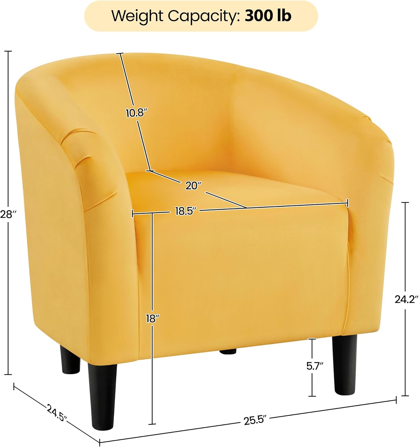 Yaheetech Small 25.5in Wide Velvet Barrel Accent Chair Bedroom, Yellow