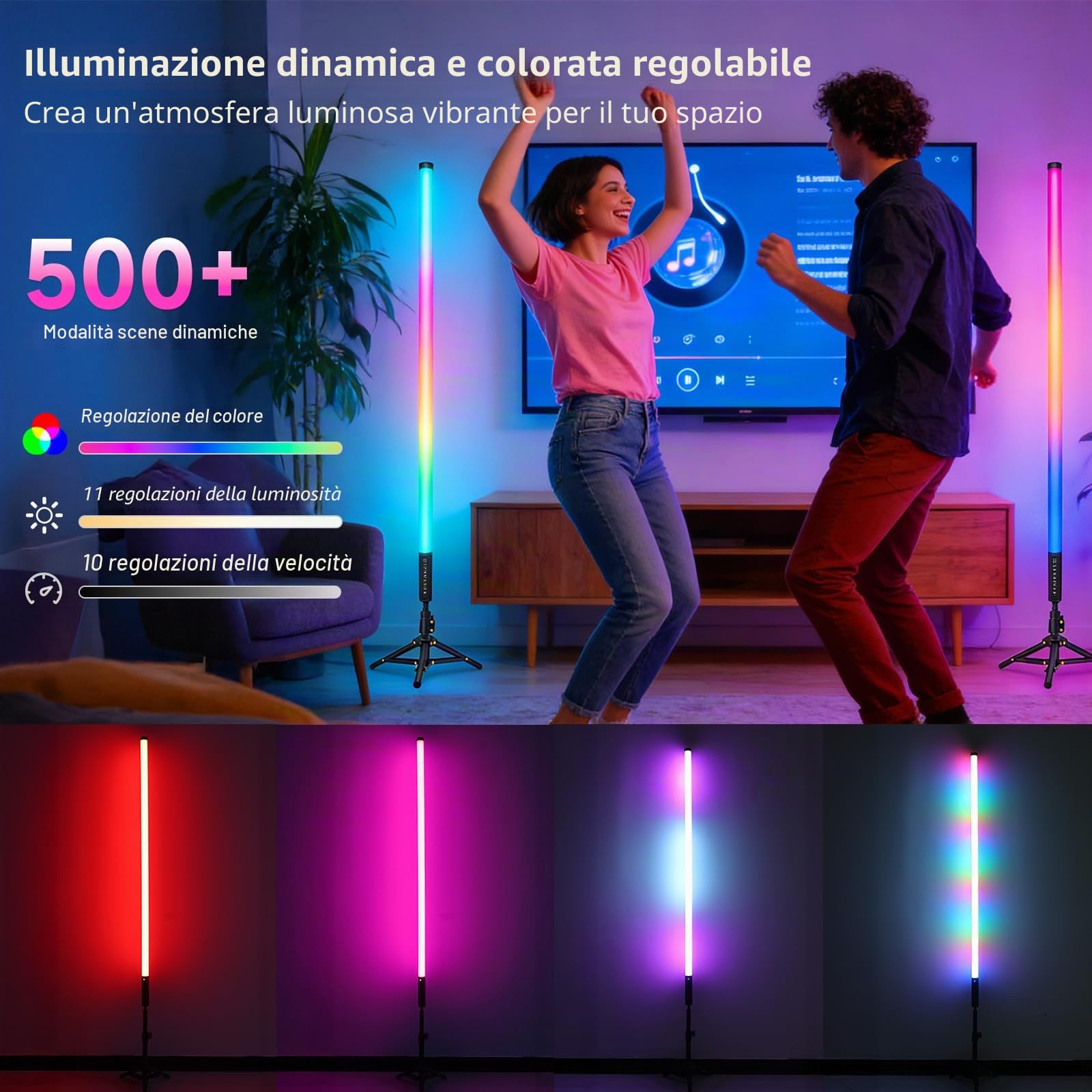 Luce video LED Mood1Pro da 2 pezzi da 120 cm con treppiede, luce fotografica portatile a LED, batteria da 5000 mAh e modalità musica, lampada fotografica RGB per YouTube,TikTok, feste,bar, fotografica