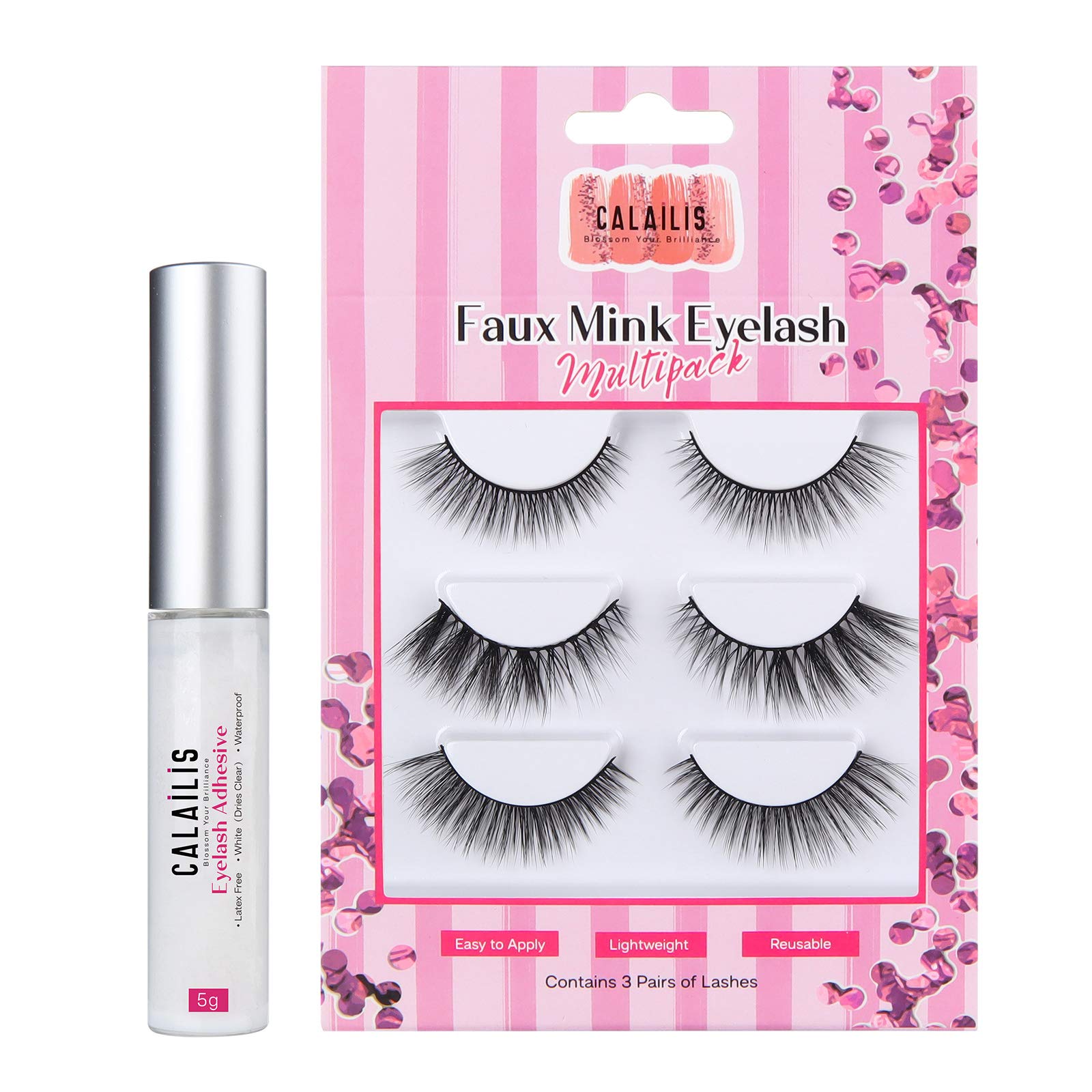 CALAILISFalse Eyelash, Eye Makeup Lash 3D Faux Mink Fake Eyelash Long Natural Eyelashes 3 Pairs with 5g False Eyelash Glue (CS01)