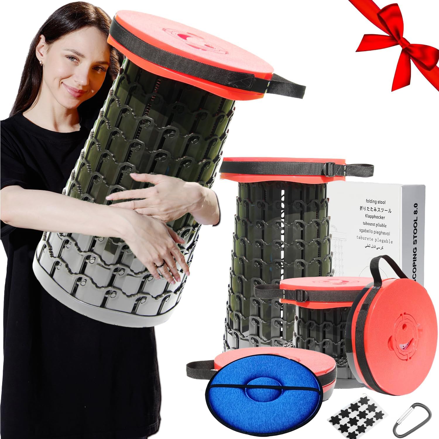 Upgraded 19.7"Portable Collapsible Folding Stool with Cushion Retractable Telescoping Foldable Stool for Adults Heavy Duty Camping Sturdy with Max