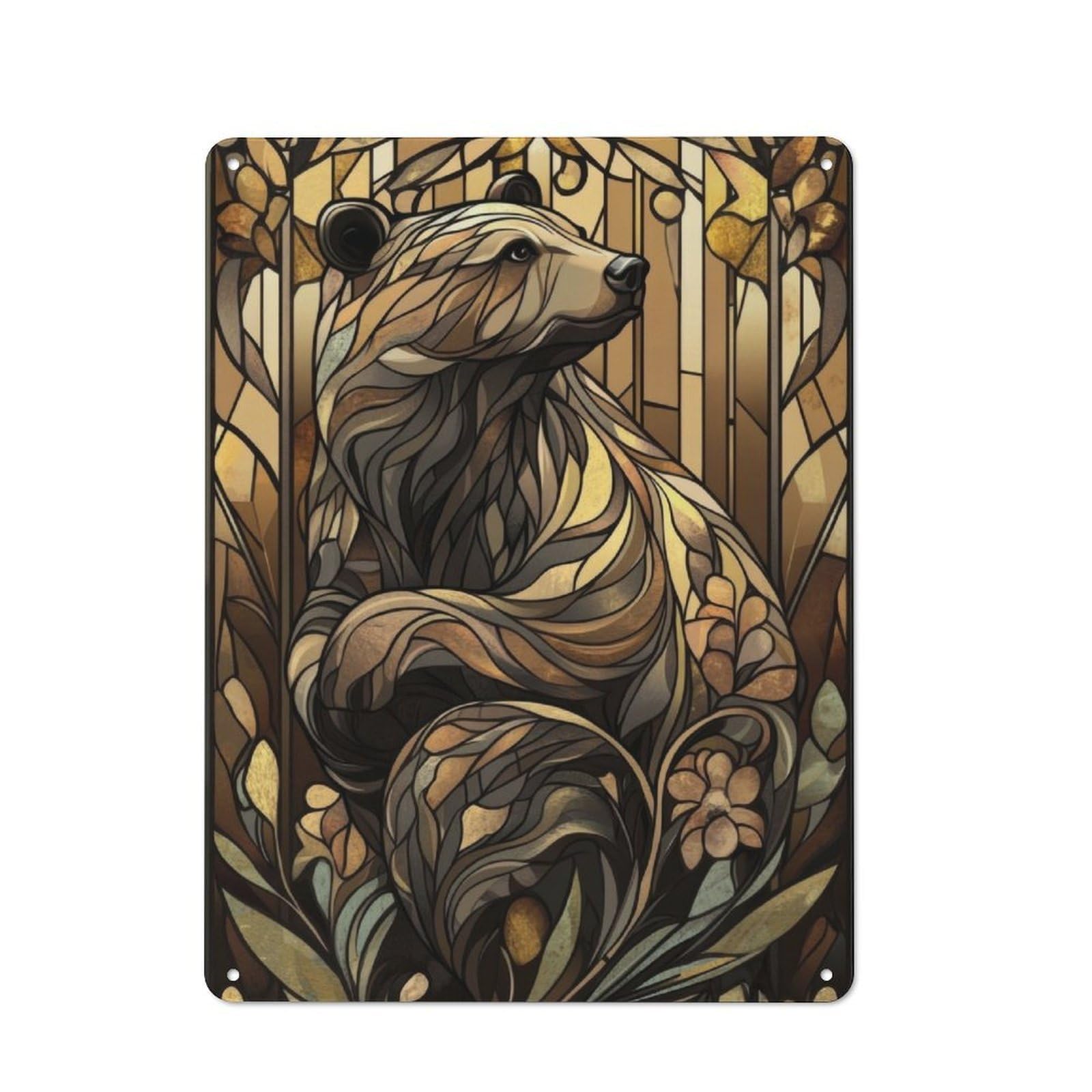 Tin Sign 40x30cm with Stained Glass Bear for Workshop Wall, Rustic Decor, Suited to Workshop Decor Fans