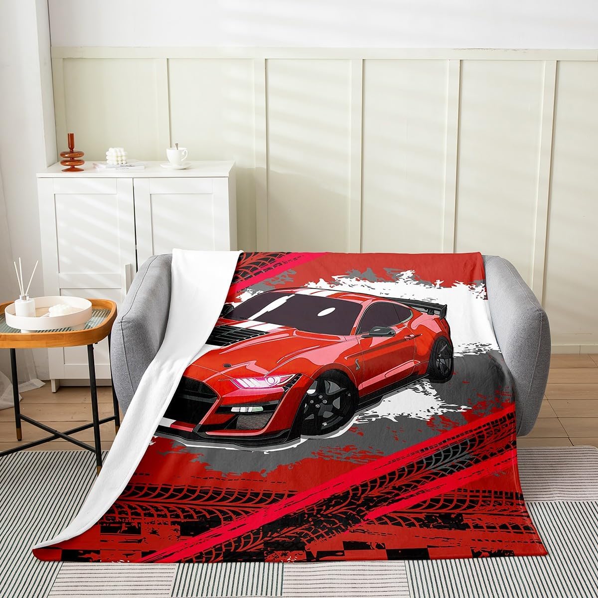 Erosebridal Race Car Throw Blanket Queen 90x90 Red Racing Car Fleece Blanket for Kids Boys Youth,Hippie Sports Car Flannel Blanket Lightweight Dirt Car Track Plush Blanket Sofa Bed Couch Decor
