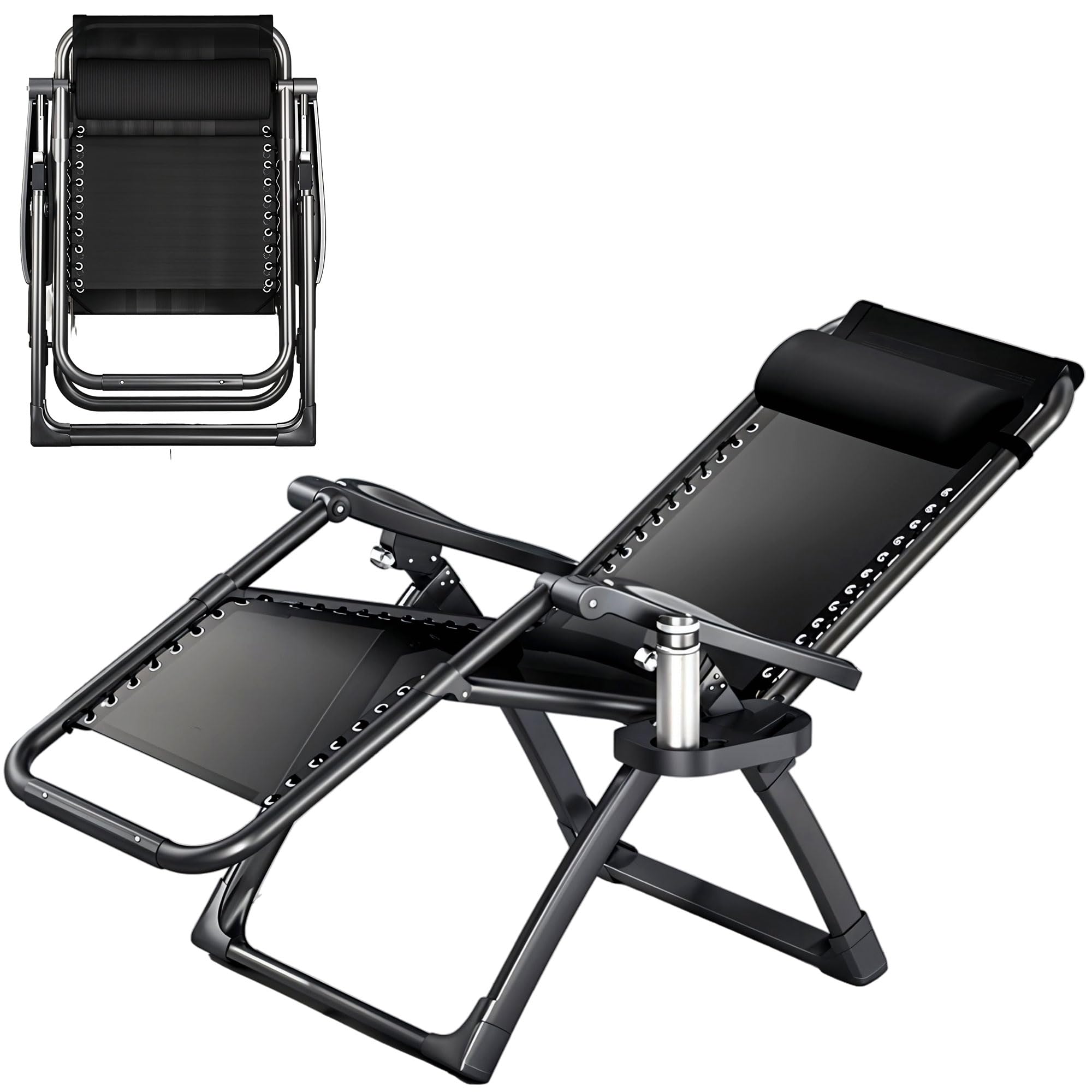 JupiterJX Gravity Chairs Heavy Duty Adjustable Lounge Chairs, Outdoor Portable Garden Recliner, Sun Folding Chair With Cup Holder And Headrest Pillow Sunloungers (1 Piece Black)