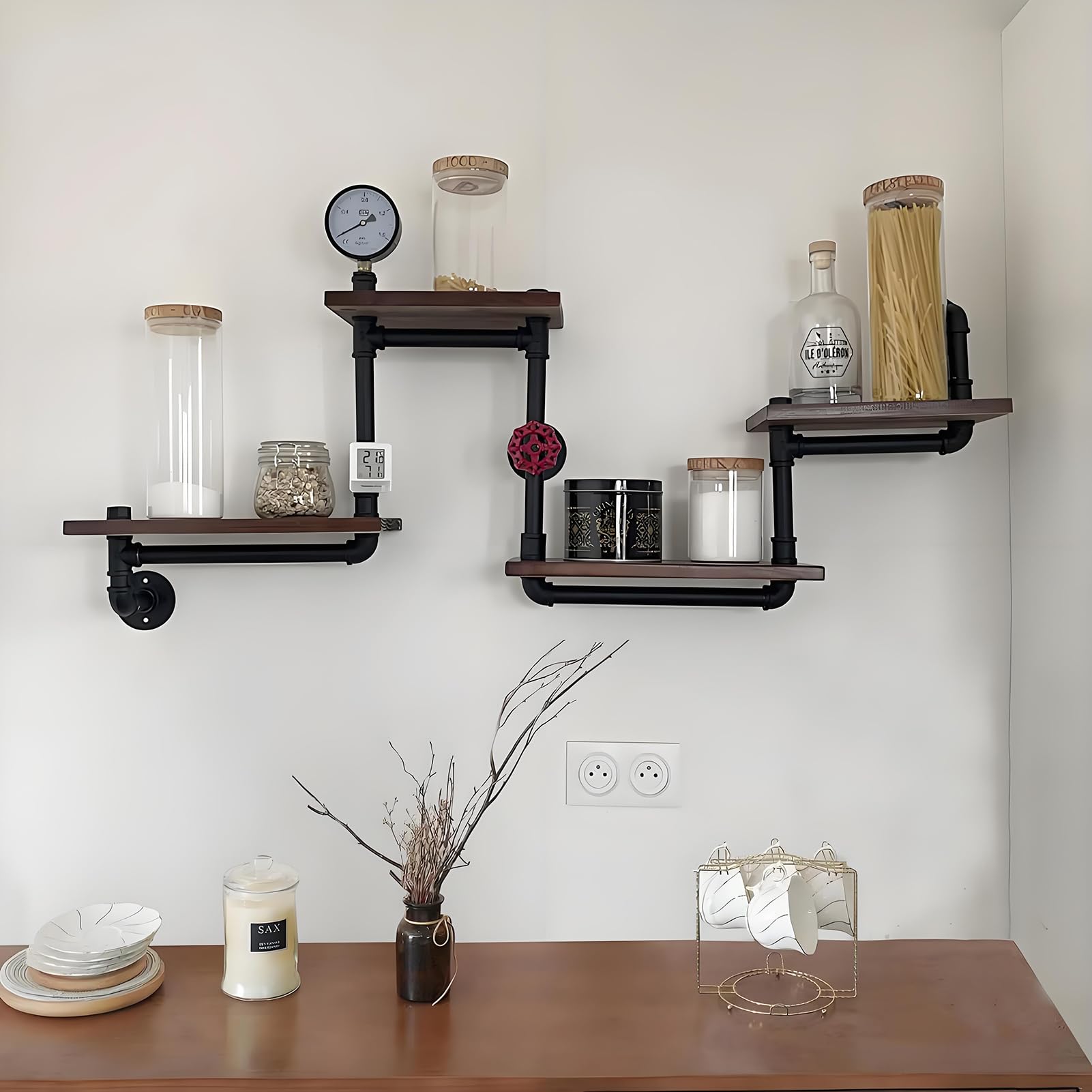 Estantería de pared industrial organizador de almacenamiento de tubos de metal rústico con estantes de madera, estantes flotantes de decoración para sala de estar, dormitorio y cocina