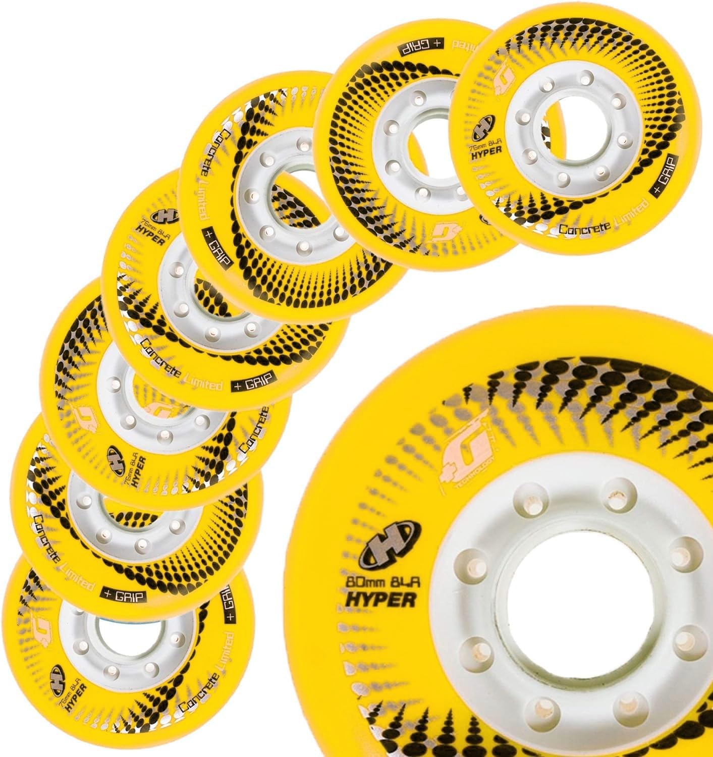Hyper Concrete +G Inline Skate Wheels - 84A, 8-Pack - Freeride, Slalom, Urban & Fitness Skating (Yellow, 80MM)