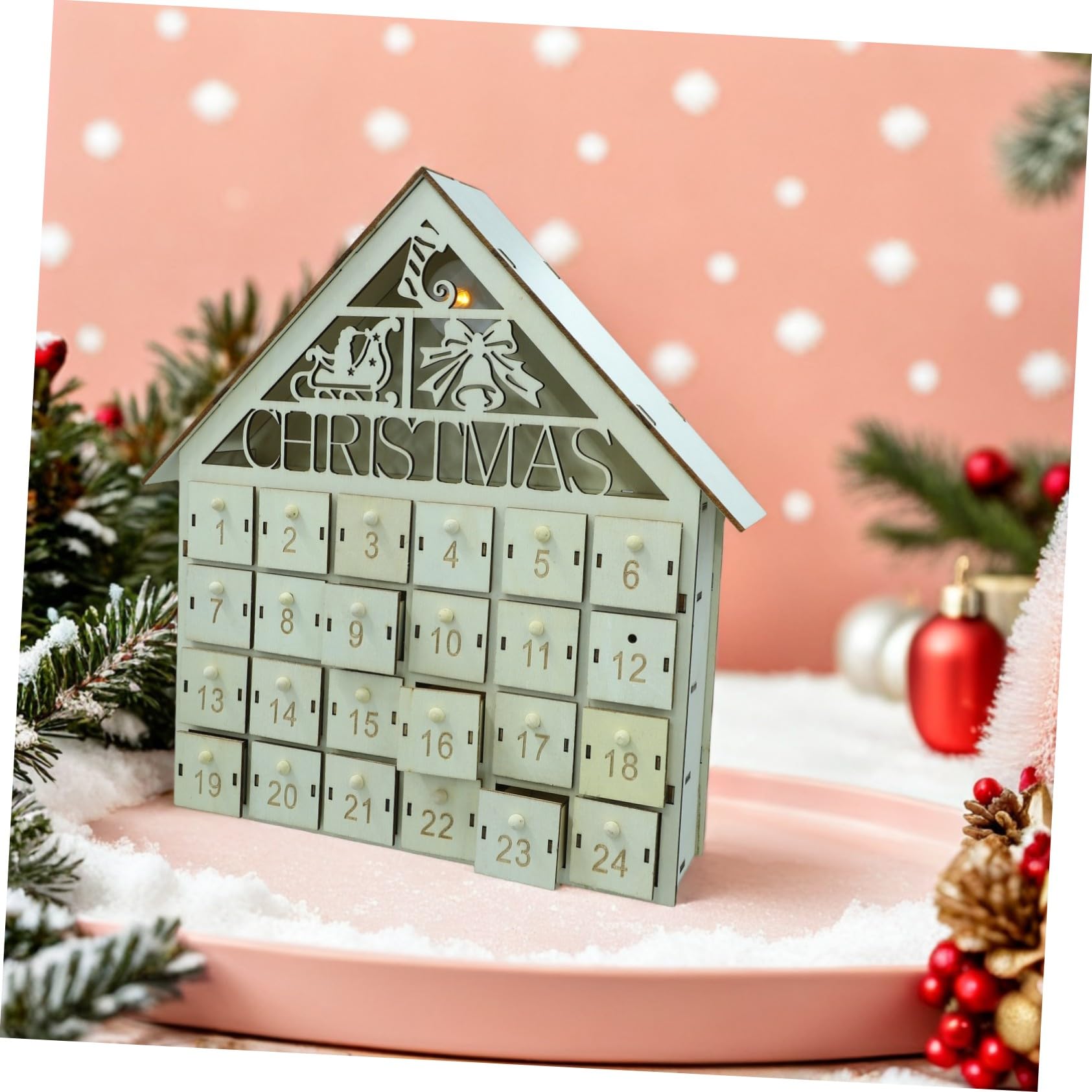 Calendario de Adviento de Navidad de madera con cajones iluminados por LED, reutilizable, rústico, decoración de cuenta regresiva para la familia, bricolaje, festivo, cálido, Navidad, aldea