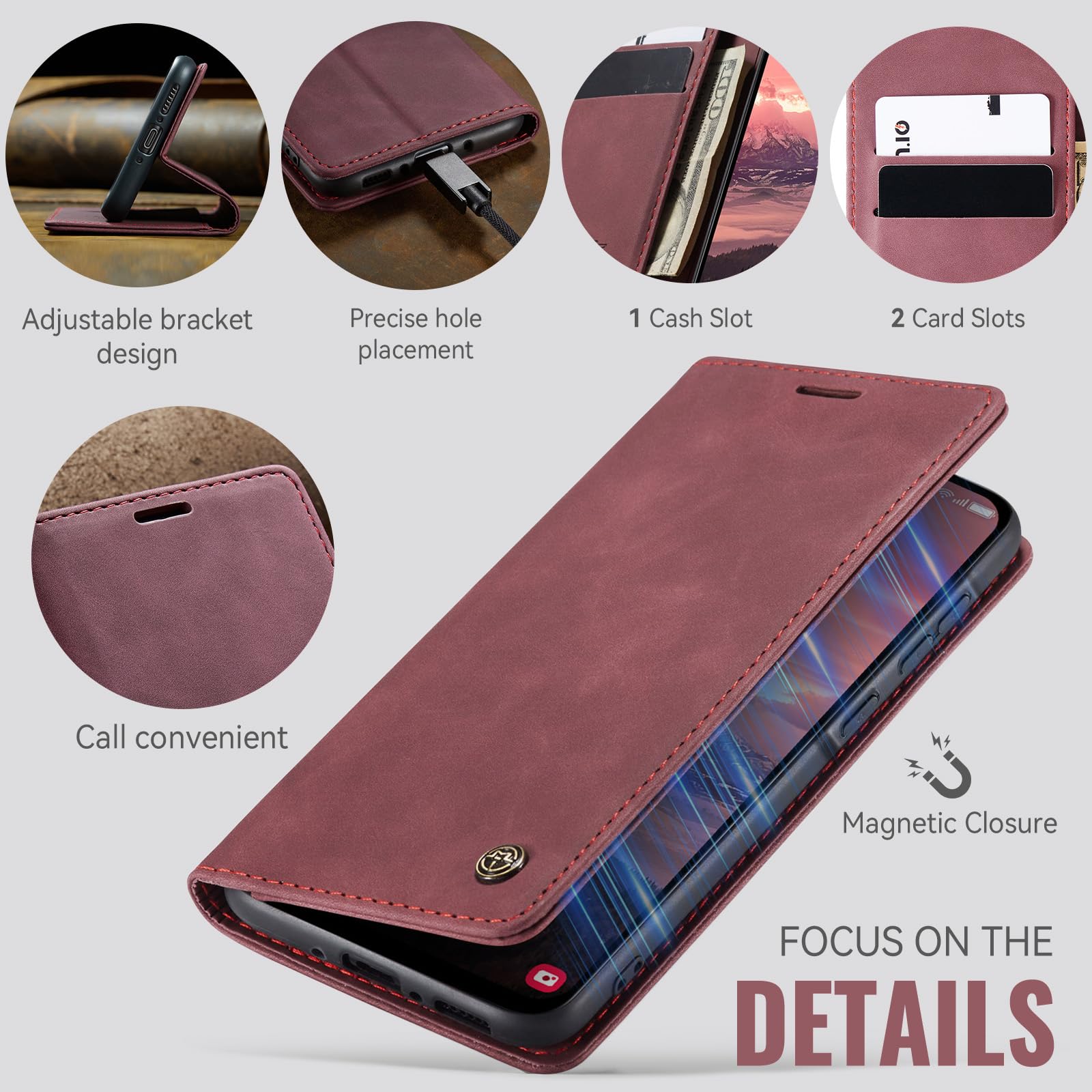 Samokor Cover per Samsung Galaxy A14 5G/4G Pelle Flip Custodia Cavalletto Portafoglio Magnetica Carta Fessura Antiurto per Samsung Galaxy A14,Vino Rosso