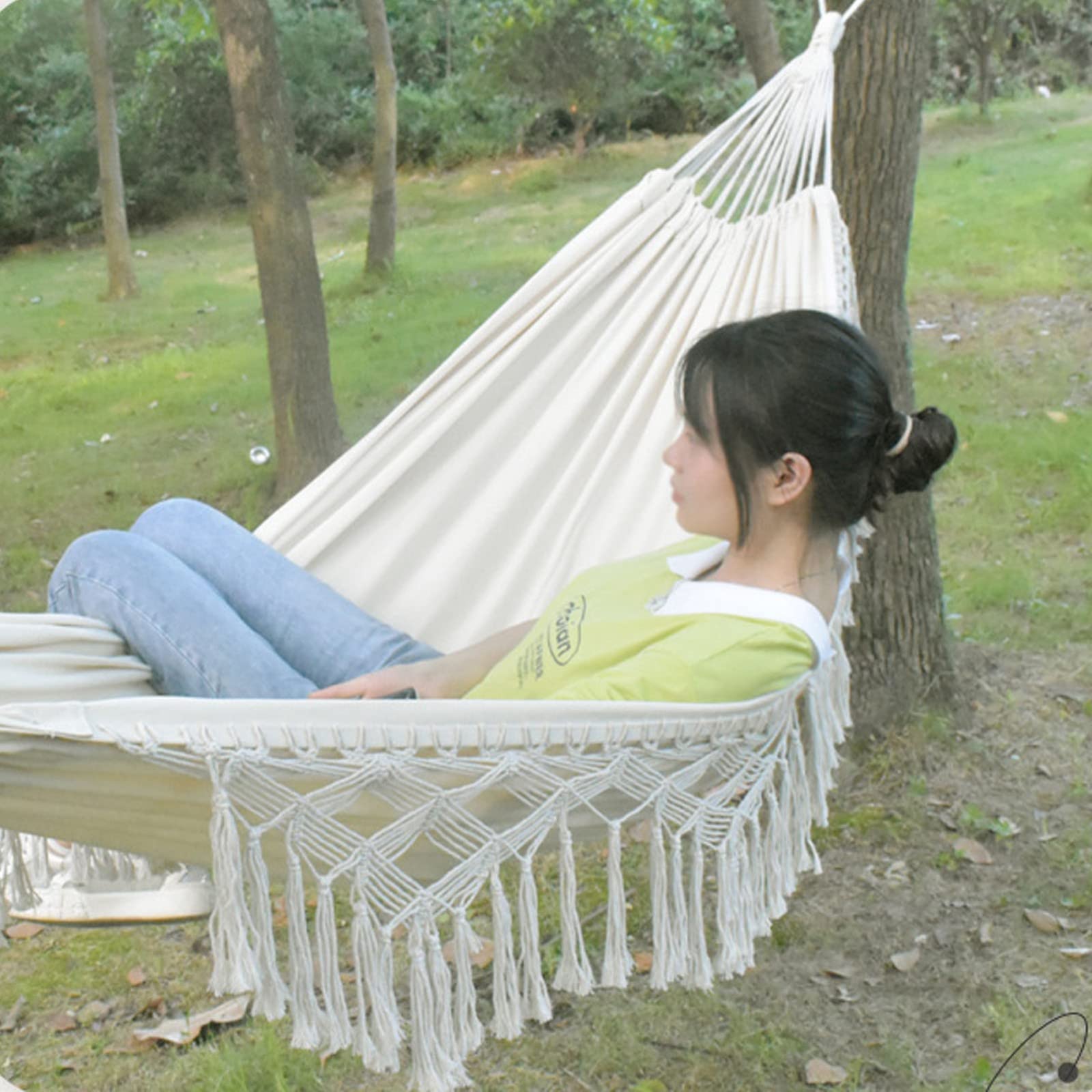 WSZGR Hängematte Outdoor, Weiß Hängematte Baumwolle Hängematte mit Tragetasche für Indoor Balkon Garten Reisen Camping Strand（200 * 150cm） Garten