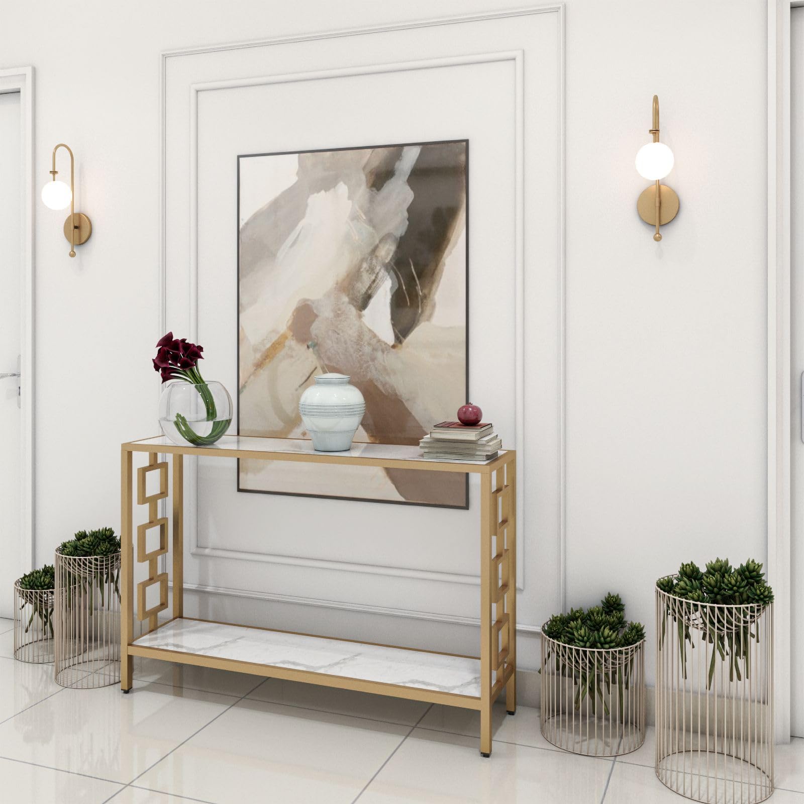 Iron Metal with Engineered Wooden top Console Table/end Table for Entry Way Behind Sofa, Living Room, Dining Room, Office, Home Decor Gold and White Marble Look (White Gold)