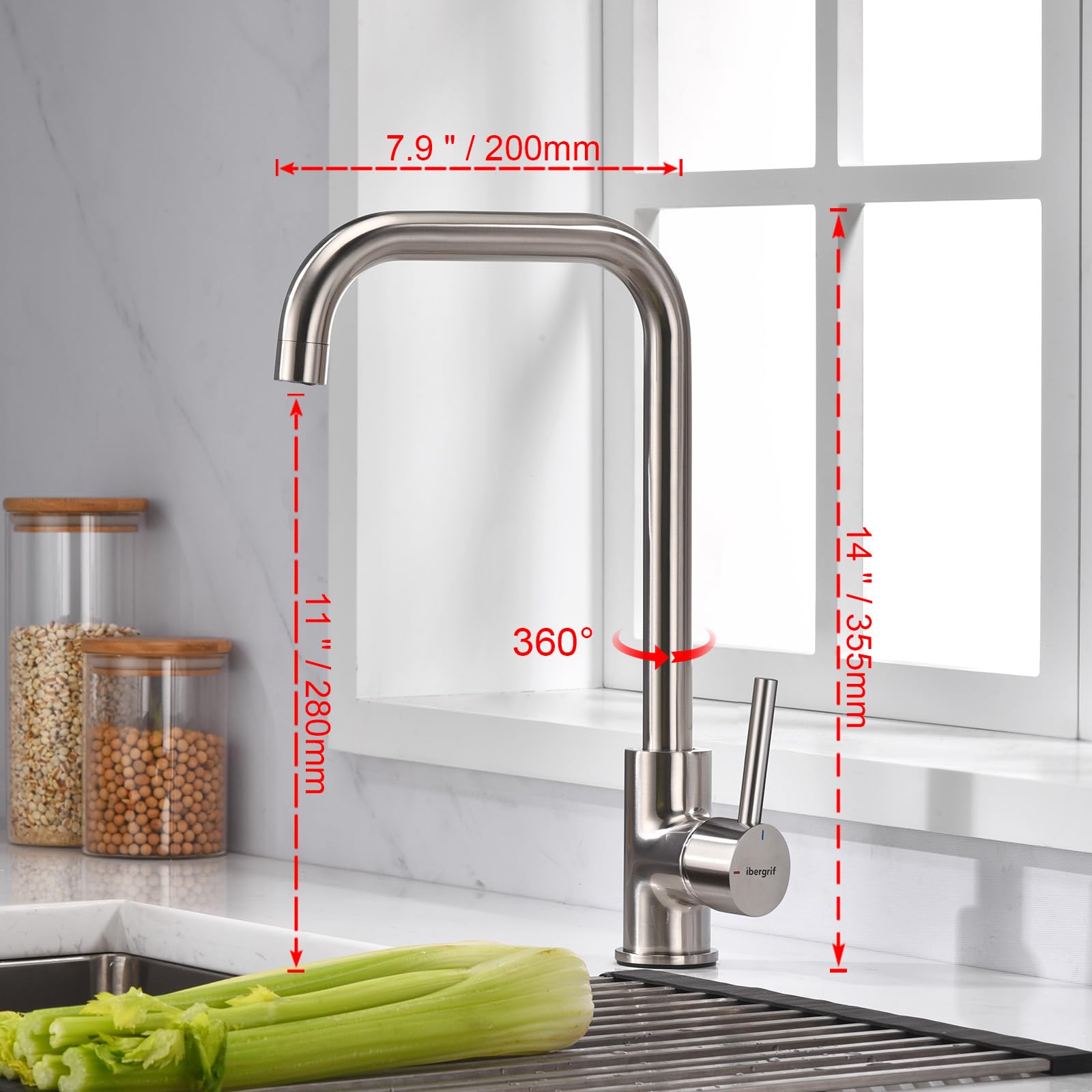 Ibergrif Grifo de Cocina Giratorio 360° Monomando, Aireador ABS Extraíble, Cartucho Cerámico, Sin Plomo, para Fregadero 1 y 2 Senos, Acero Inoxidable Cepillado-M22105A