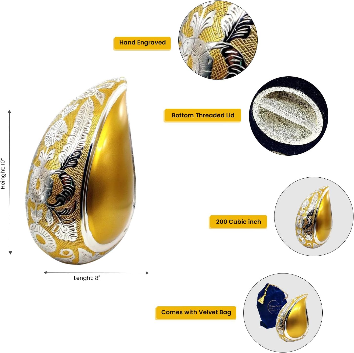 5MOONSUN5's Handcrafted Teardrop Cremation Urn with Hand Engraved - Memorial URN for Human Ashes, Adult URN for Funeral, Burial, Columbarium or Home, Adult 200 Cubic Inches with Velvet Bag Gold